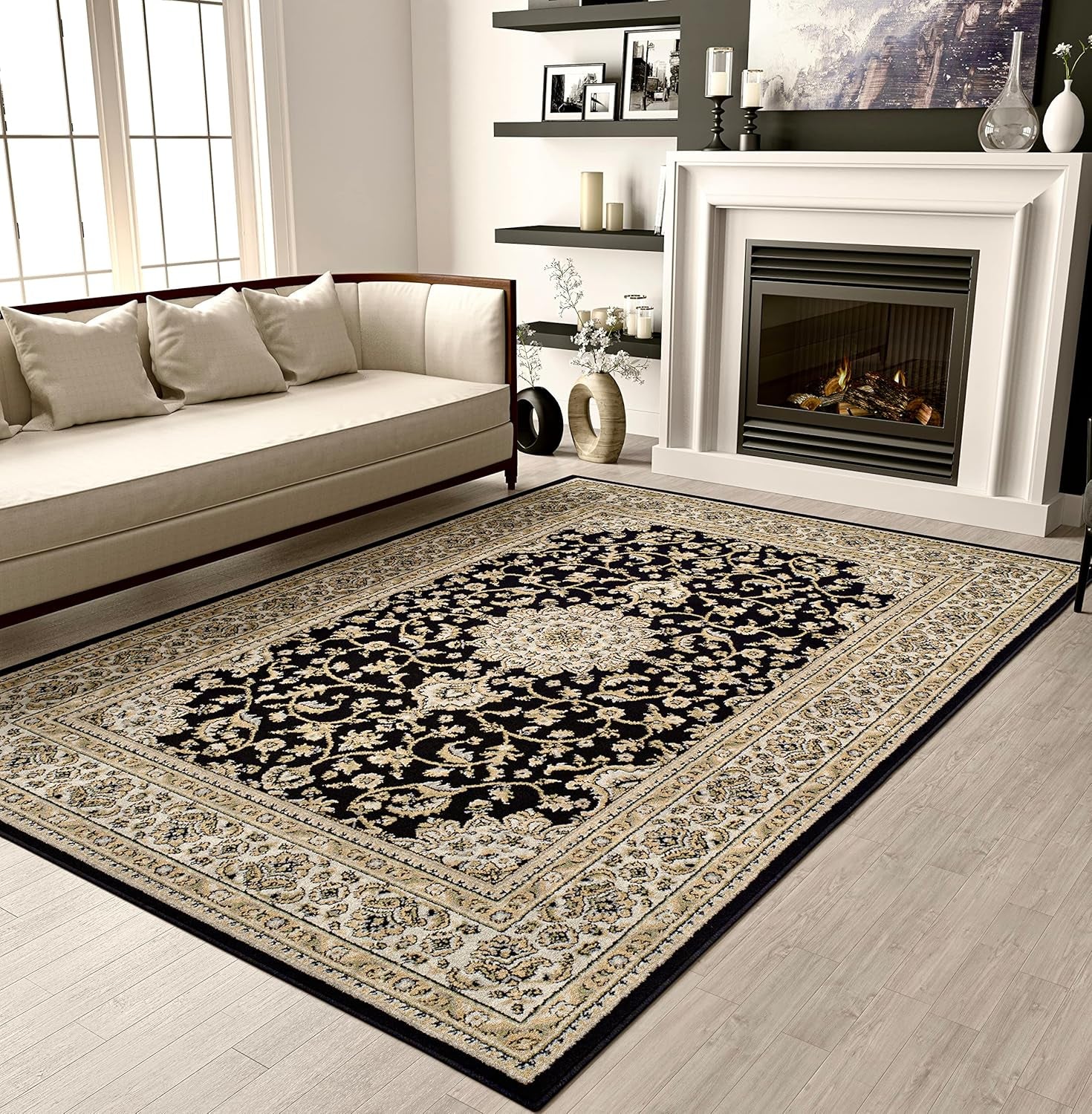 Area Rugs, Medallion Traditional Rugs for Bedroom & Living Room, Oriental Rugs, Easy-Cleaning, Washable, Stain Resistant, Eco-Friendly (Black, Large 8X11)