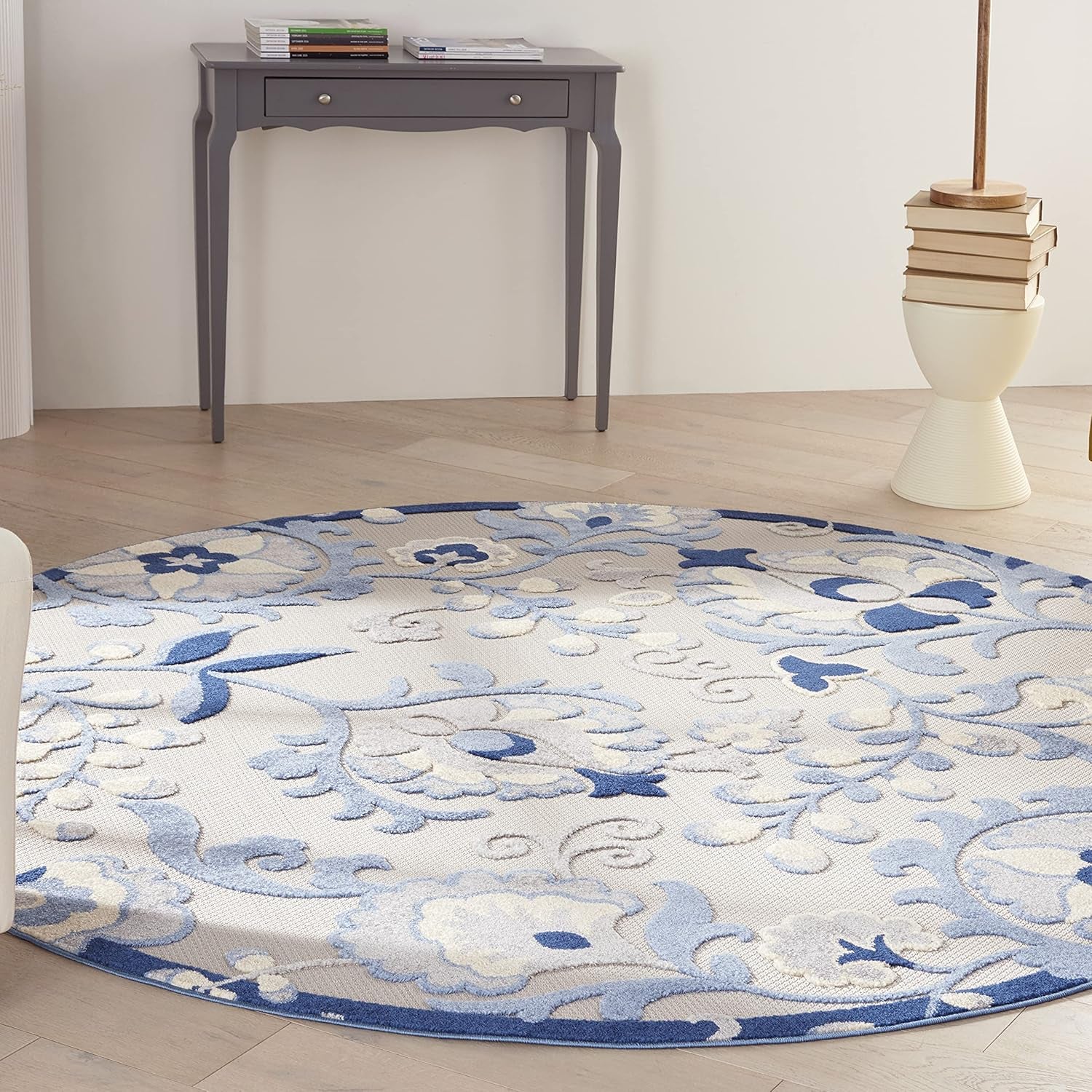 Home Aloha Indoor/Outdoor Blue/Grey 7’10” X round Area Rug, Easy Cleaning, Non Shedding, Bed Room, Living Room, Dining Room, Backyard, Deck, Patio (8 Round)