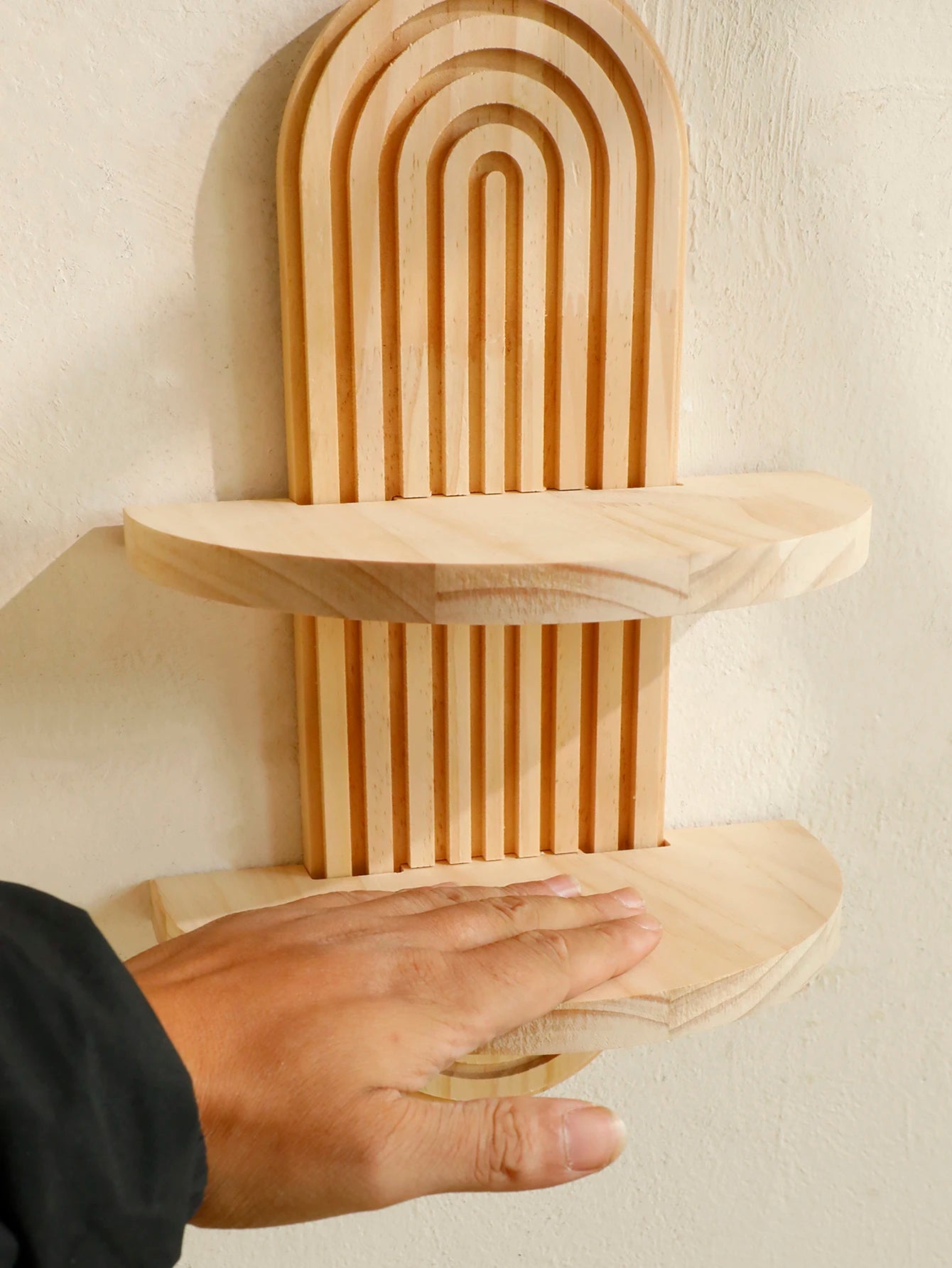 Boho Style Wooden Wall Shelves - Geometric Wall Mounted Shelves, Natural Wood Finish