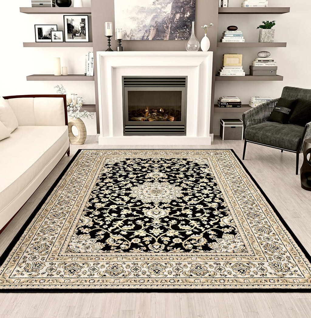 Area Rugs, Medallion Traditional Rugs for Bedroom & Living Room, Oriental Rugs, Easy-Cleaning, Washable, Stain Resistant, Eco-Friendly (Black, Large 8X11)