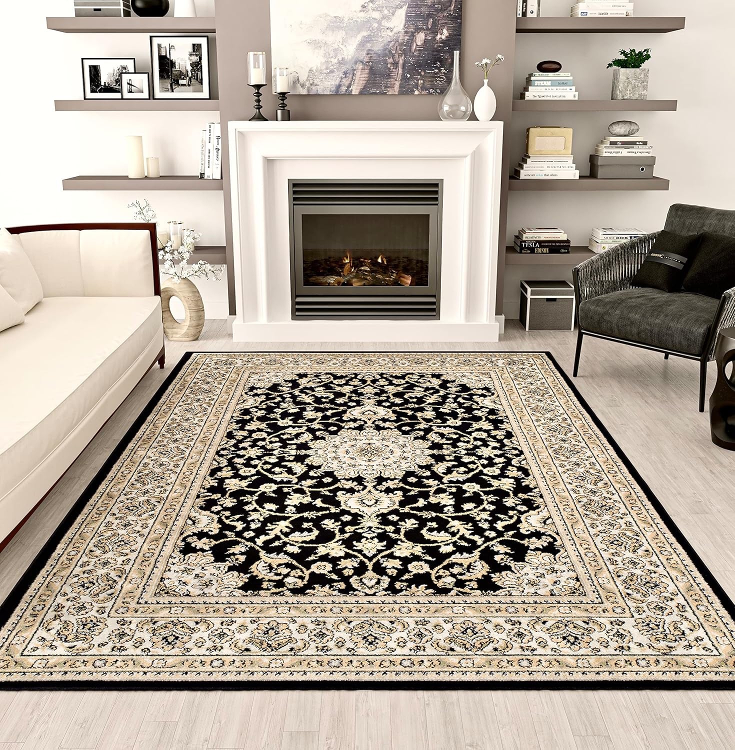 Area Rugs, Medallion Traditional Rugs for Bedroom & Living Room, Oriental Rugs, Easy-Cleaning, Washable, Stain Resistant, Eco-Friendly (Black, Large 8X11)