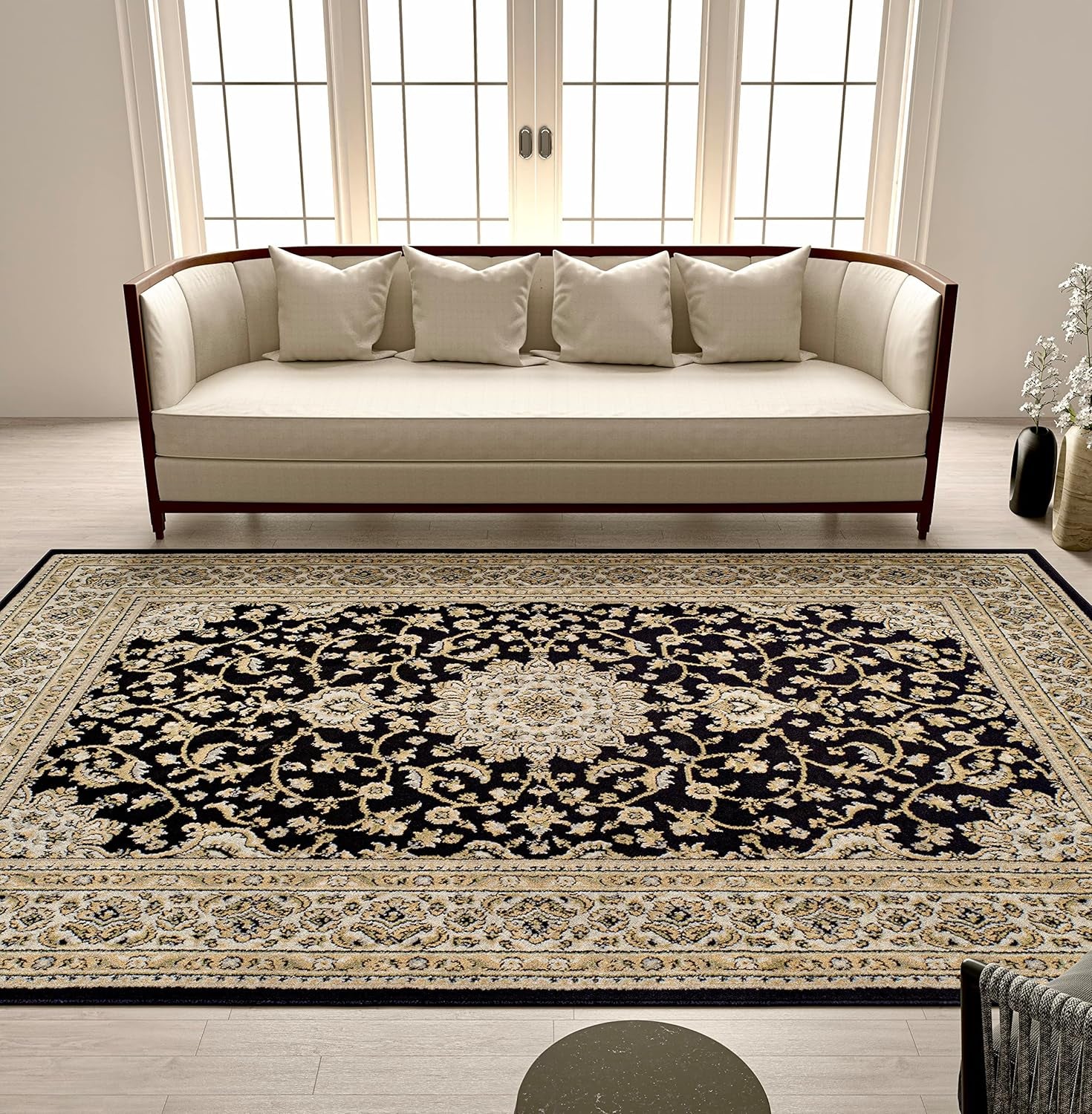 Area Rugs, Medallion Traditional Rugs for Bedroom & Living Room, Oriental Rugs, Easy-Cleaning, Washable, Stain Resistant, Eco-Friendly (Black, Large 8X11)