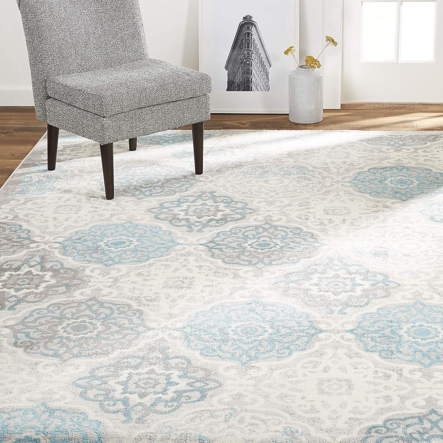 Boho Andorra Transitional Damask Area Rug, Grey/Blue, 5'2"X7'2"