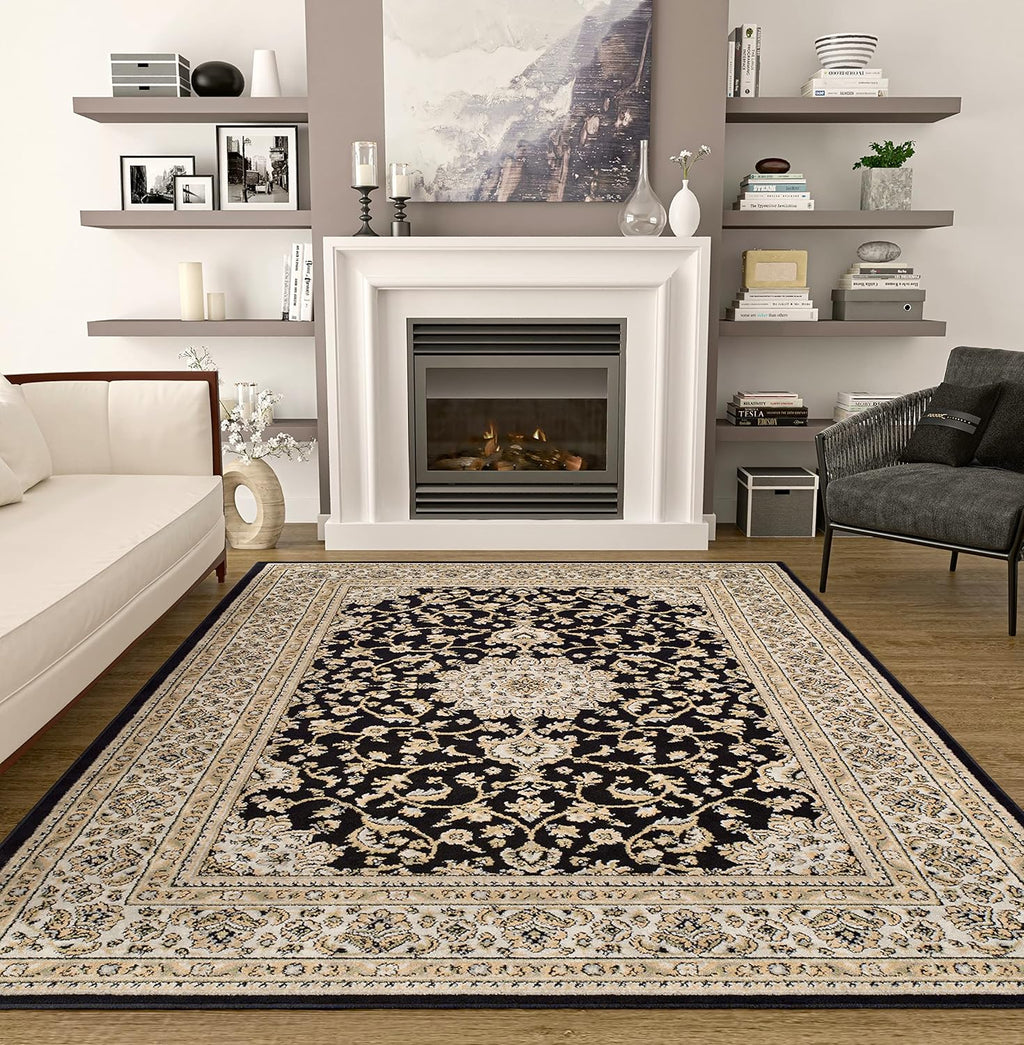 Area Rugs, Medallion Traditional Rugs for Bedroom & Living Room, Oriental Rugs, Easy-Cleaning, Washable, Stain Resistant, Eco-Friendly (Black, Large 8X11)