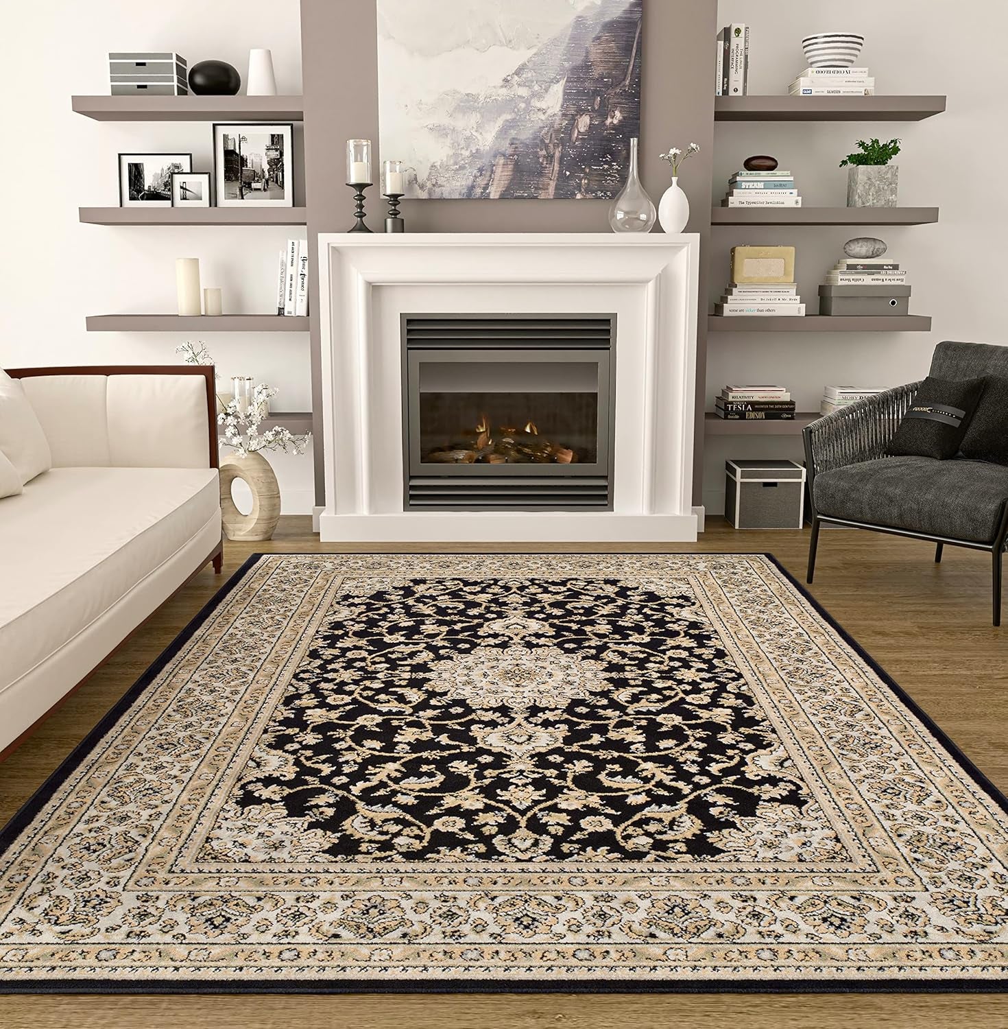 Area Rugs, Medallion Traditional Rugs for Bedroom & Living Room, Oriental Rugs, Easy-Cleaning, Washable, Stain Resistant, Eco-Friendly (Black, Large 8X11)