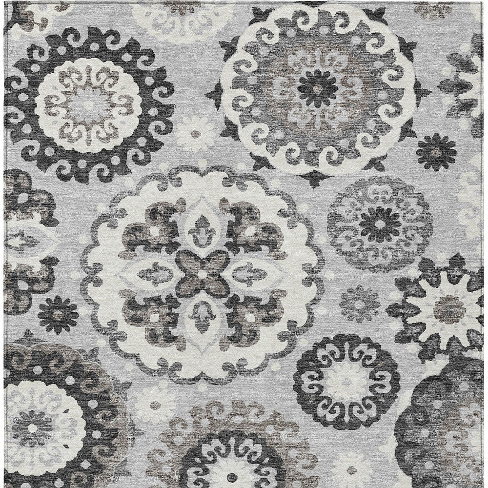 9' X 12' Silver Gray And Ivory Floral Medallion Washable Indoor Outdoor Area Rug-6