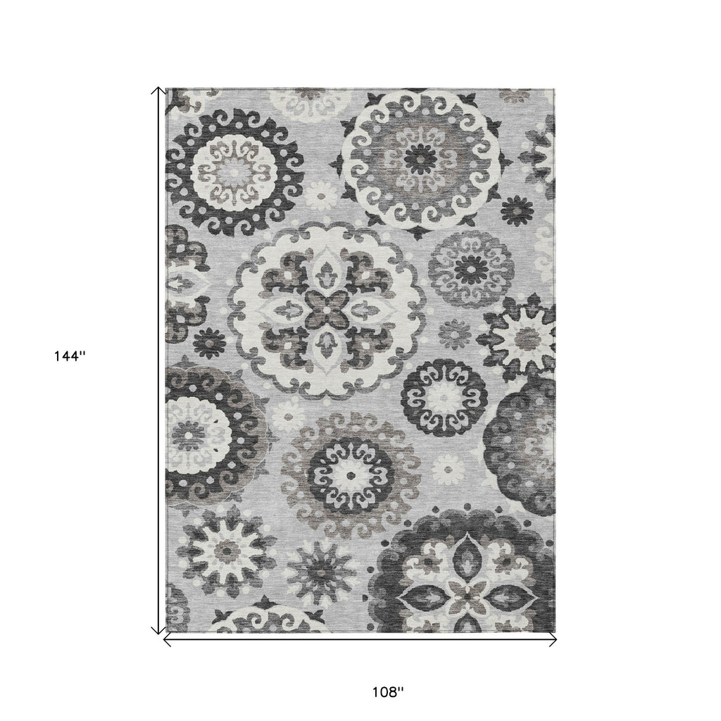9' X 12' Silver Gray And Ivory Floral Medallion Washable Indoor Outdoor Area Rug-2