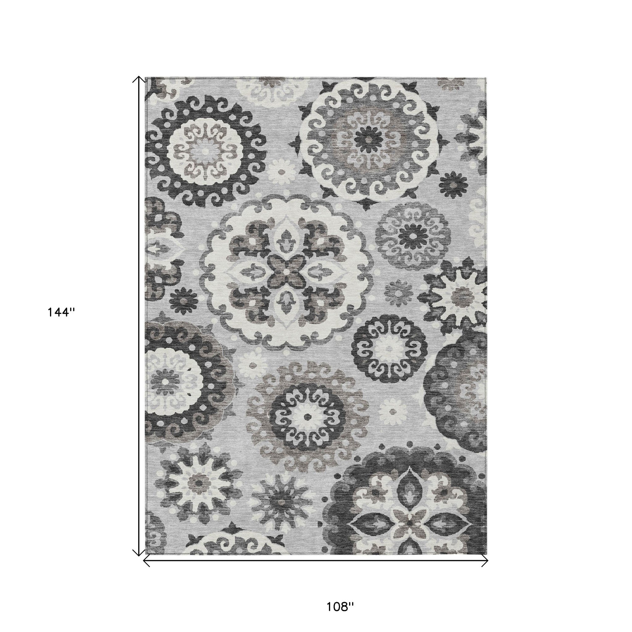 9' X 12' Silver Gray And Ivory Floral Medallion Washable Indoor Outdoor Area Rug-2