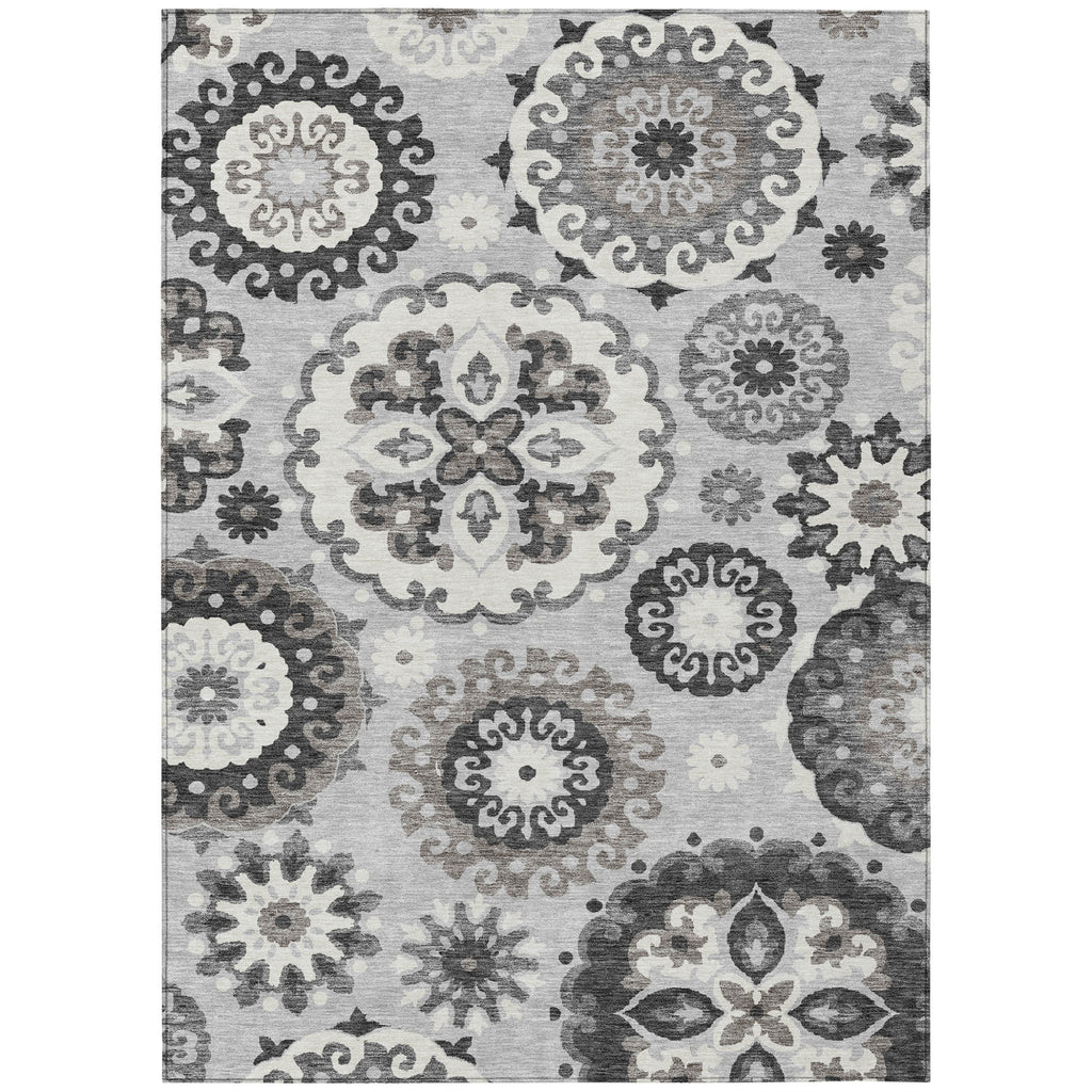 9' X 12' Silver Gray And Ivory Floral Medallion Washable Indoor Outdoor Area Rug-1