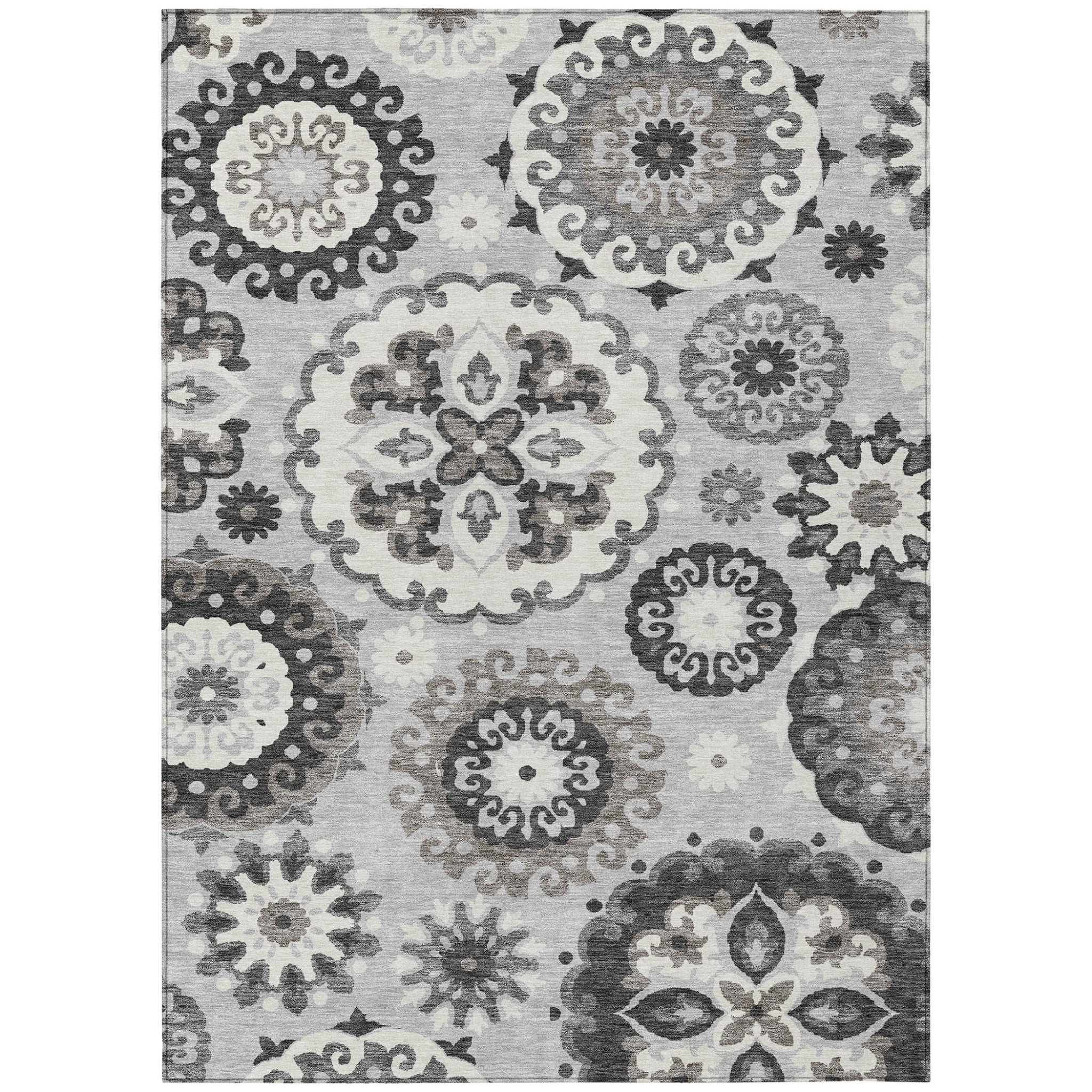 9' X 12' Silver Gray And Ivory Floral Medallion Washable Indoor Outdoor Area Rug-1