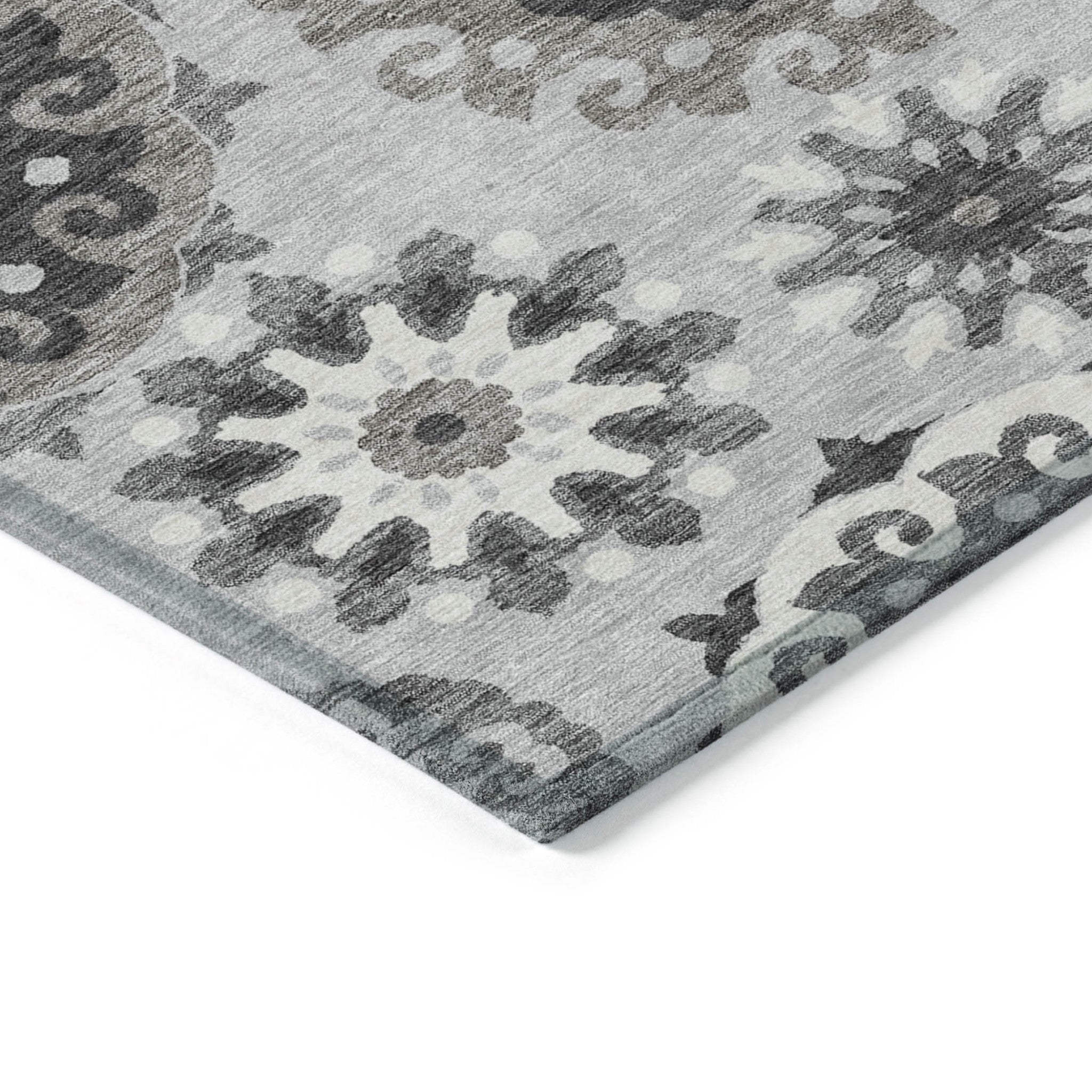 9' X 12' Silver Gray And Ivory Floral Medallion Washable Indoor Outdoor Area Rug-4