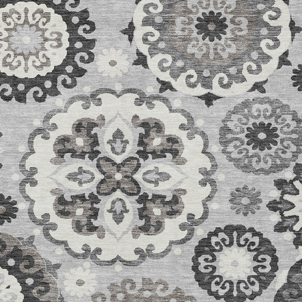 9' X 12' Silver Gray And Ivory Floral Medallion Washable Indoor Outdoor Area Rug-5