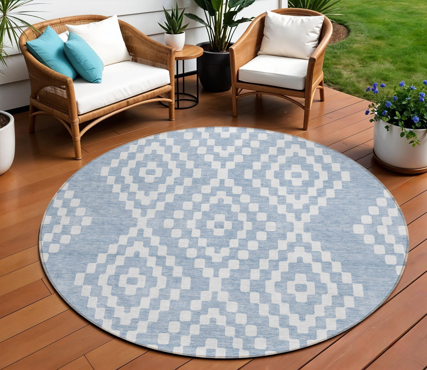 Denim Blue Ivory Round Geometric 8' Rug