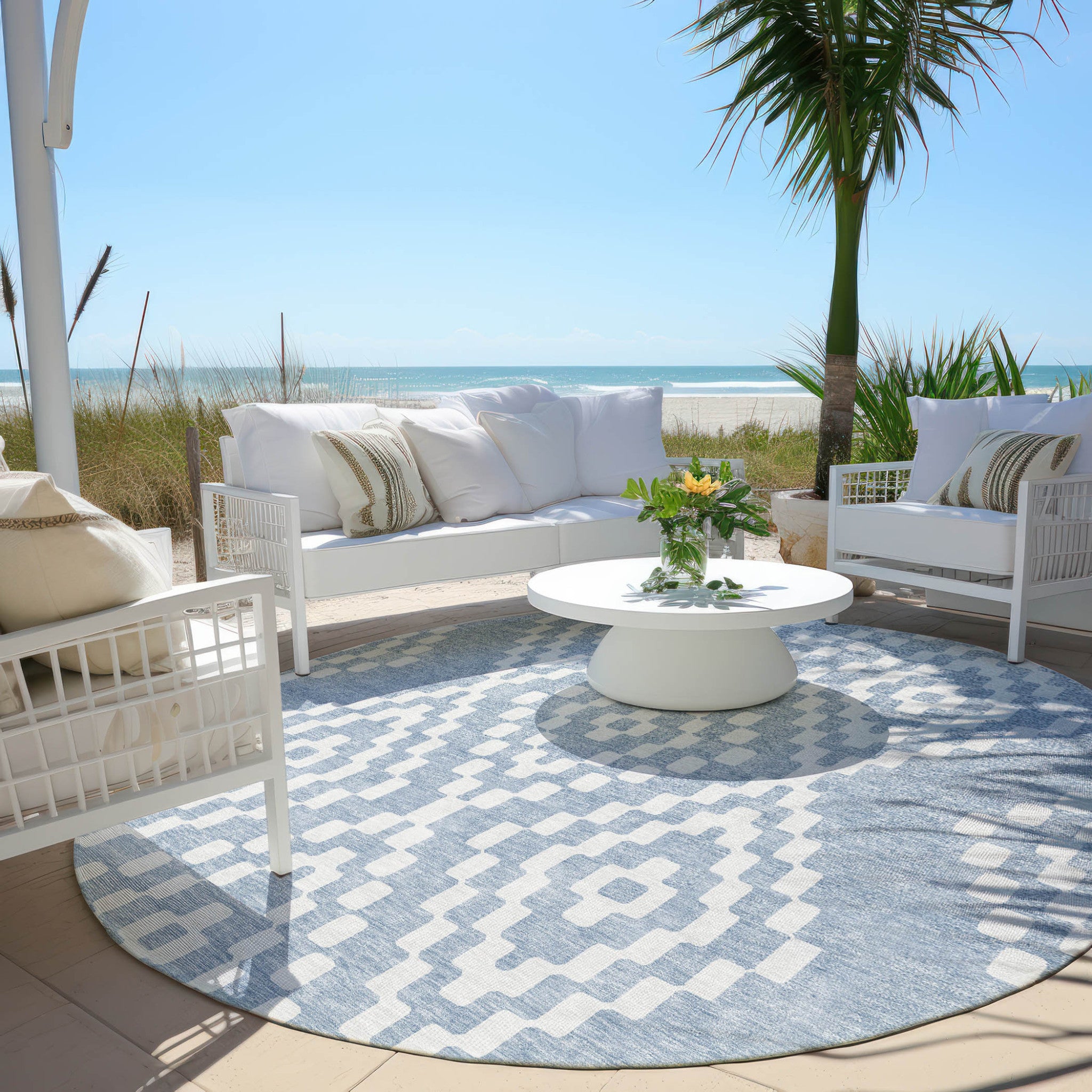 Denim Blue Ivory Round Geometric 8' Rug