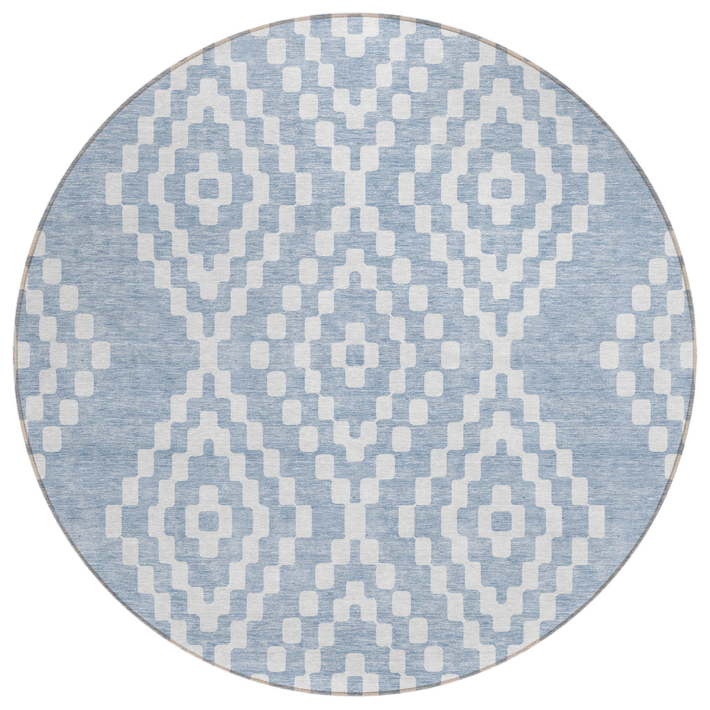 Denim Blue Ivory Round Geometric 8' Rug