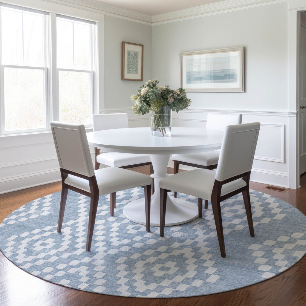Denim Blue Ivory Round Geometric 8' Rug
