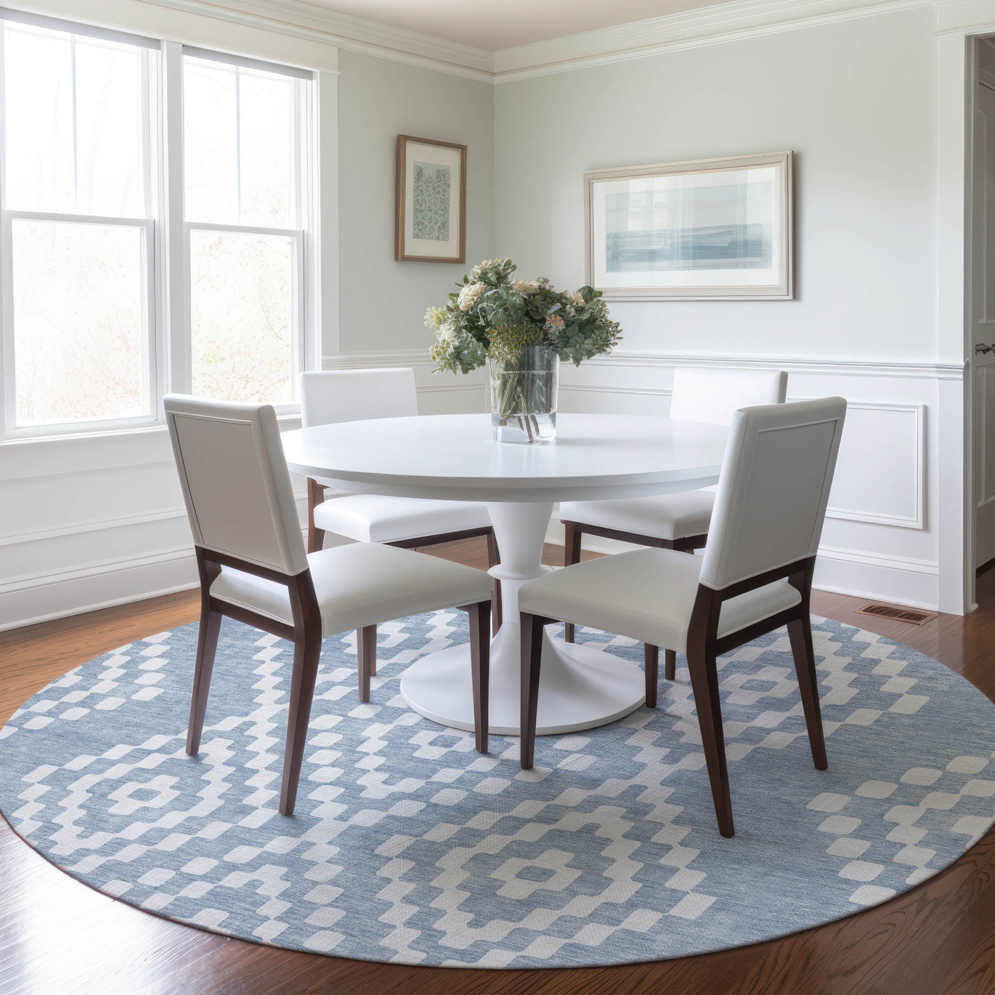 Denim Blue Ivory Round Geometric 8' Rug