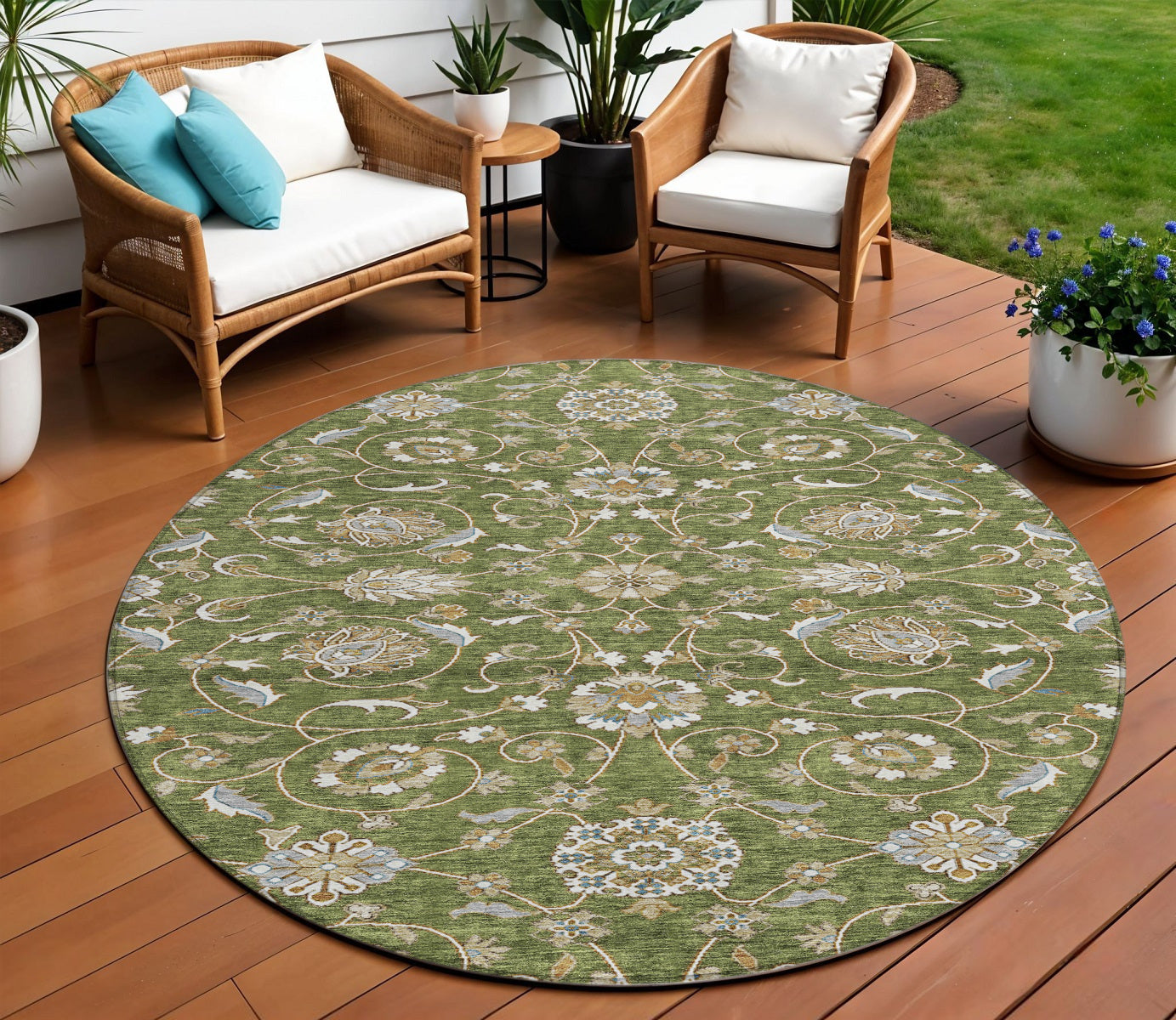 8' Olive Green Brown Ivory Round Moroccan Rug