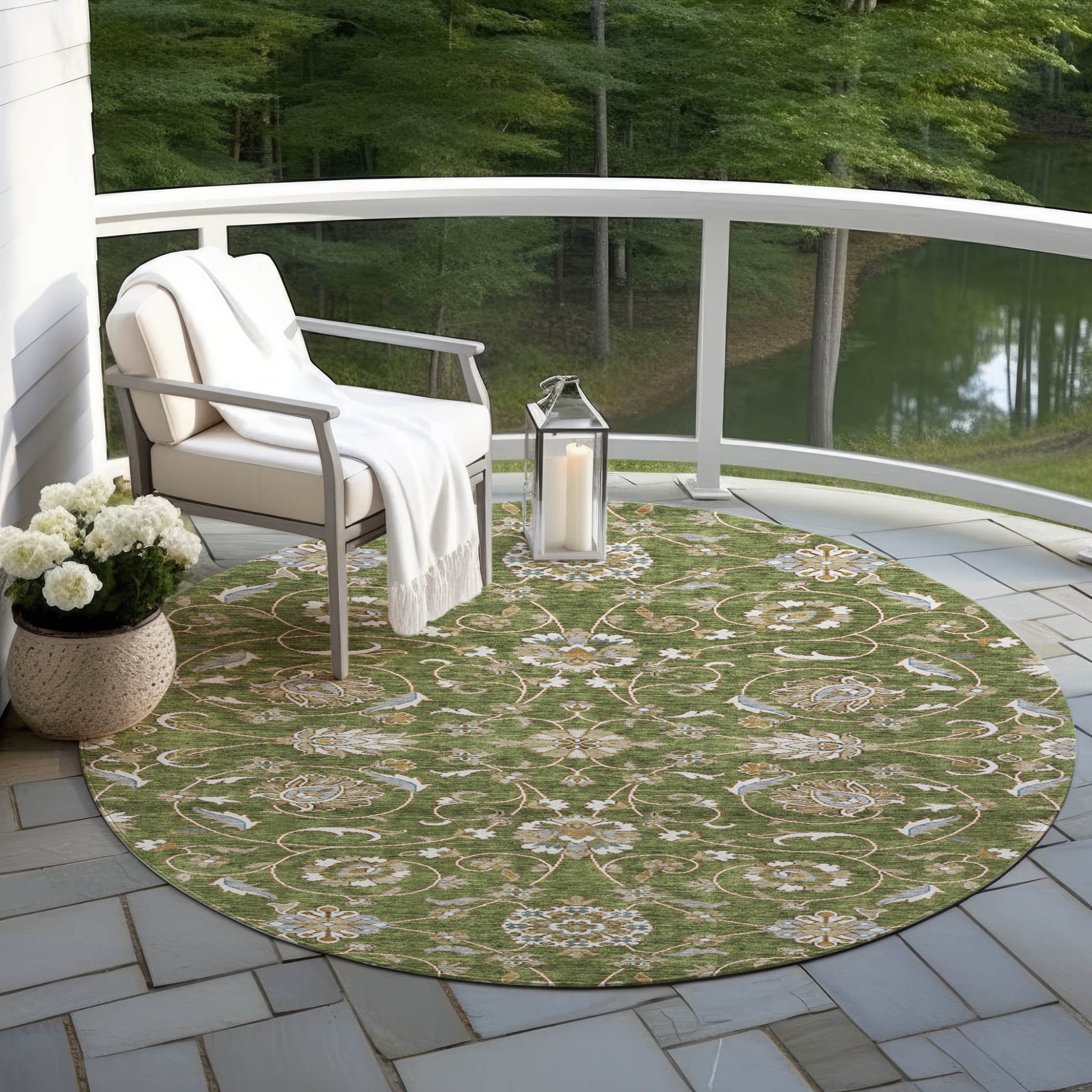 8' Olive Green Brown Ivory Round Moroccan Rug