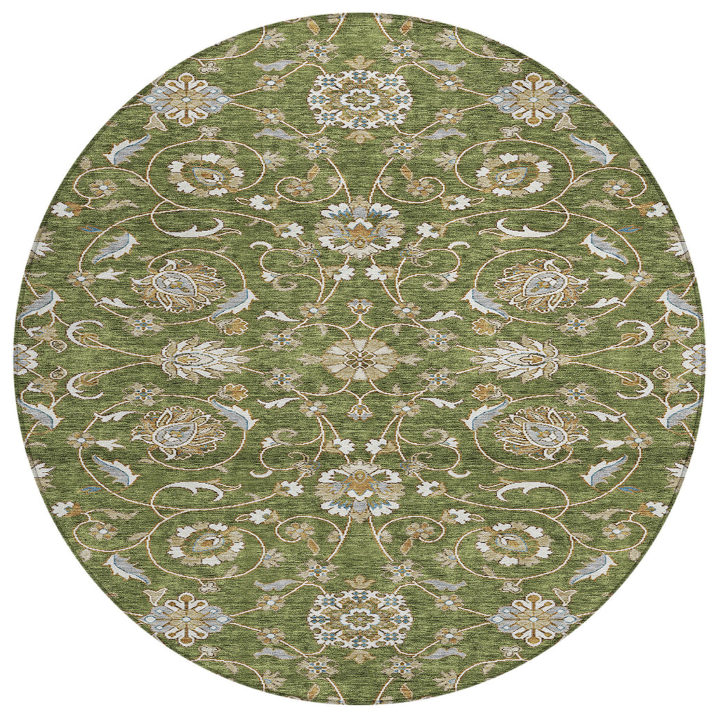 8' Olive Green Brown Ivory Round Moroccan Rug