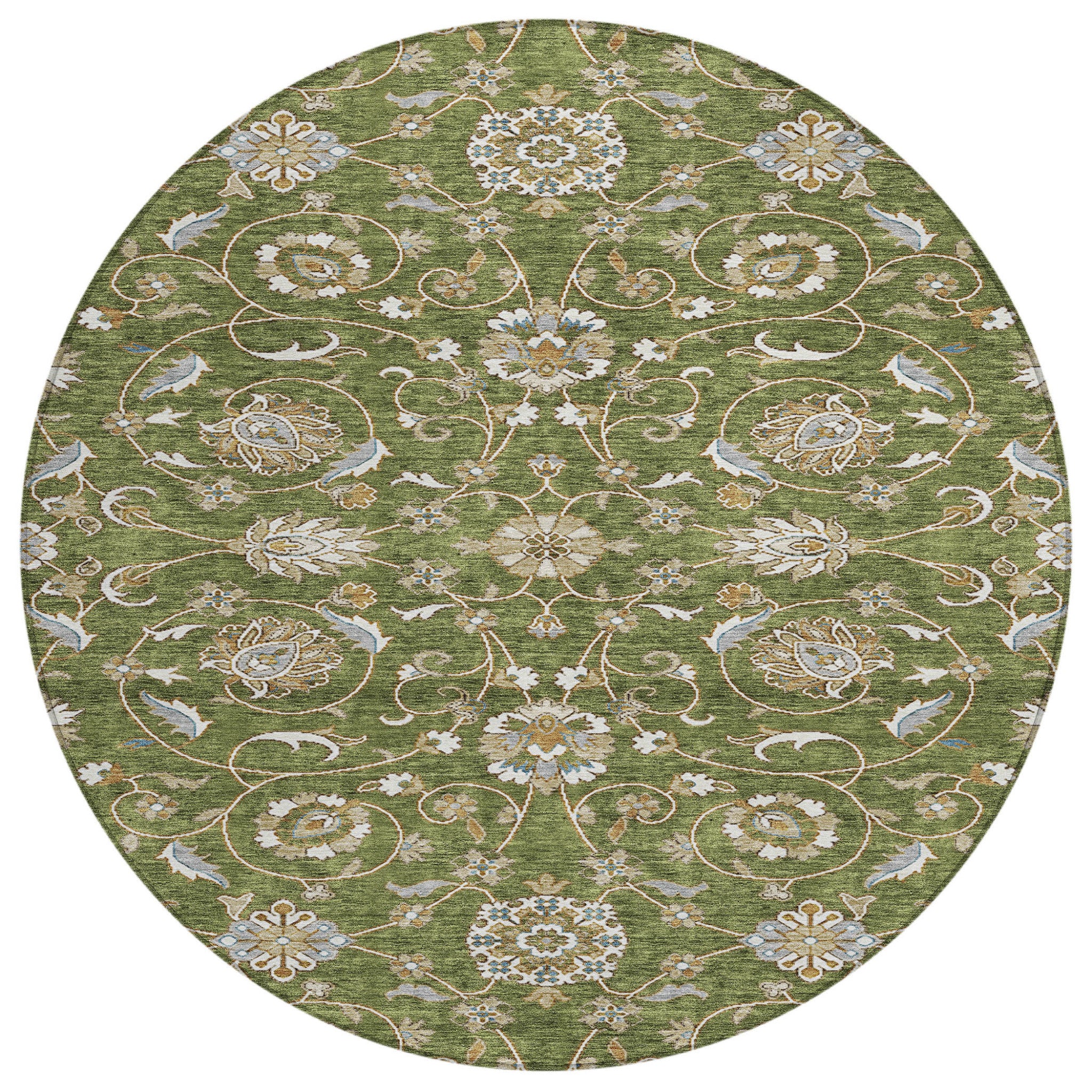 8' Olive Green Brown Ivory Round Moroccan Rug