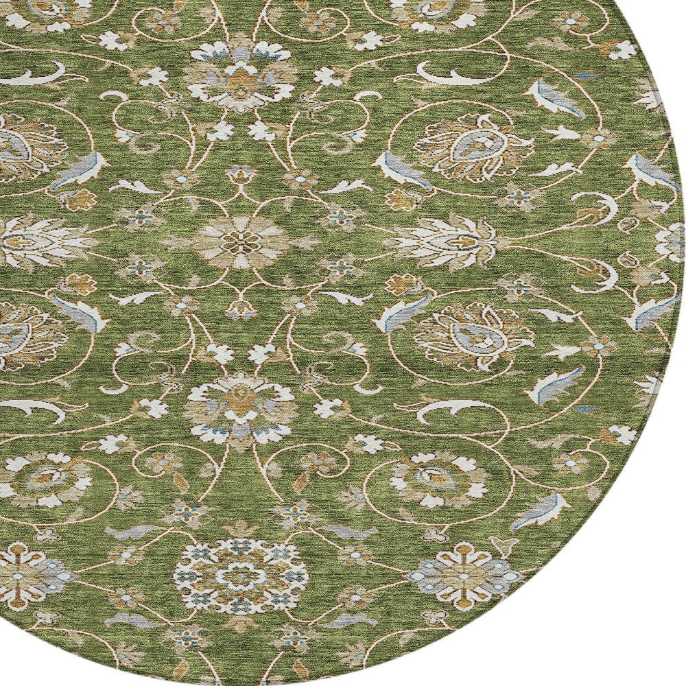 8' Olive Green Brown Ivory Round Moroccan Rug