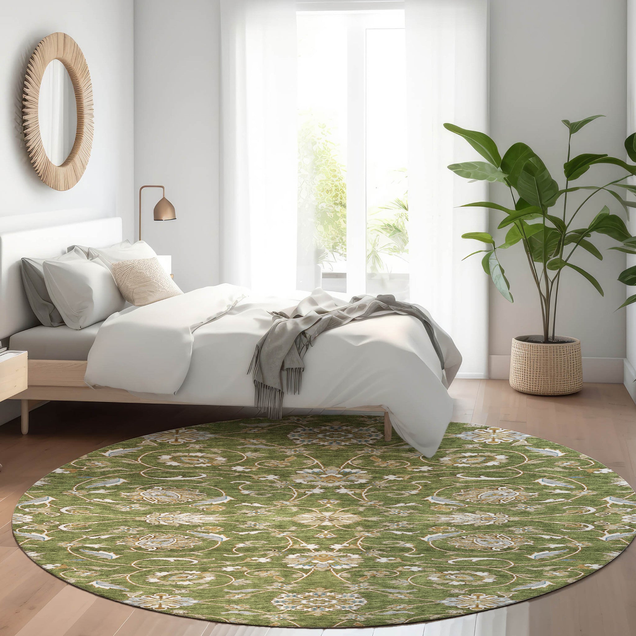 8' Olive Green Brown Ivory Round Moroccan Rug