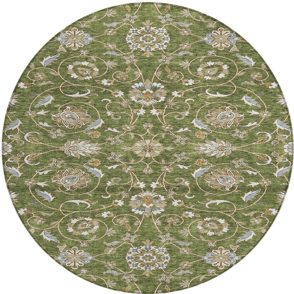 8' Olive Green Brown Ivory Round Moroccan Rug