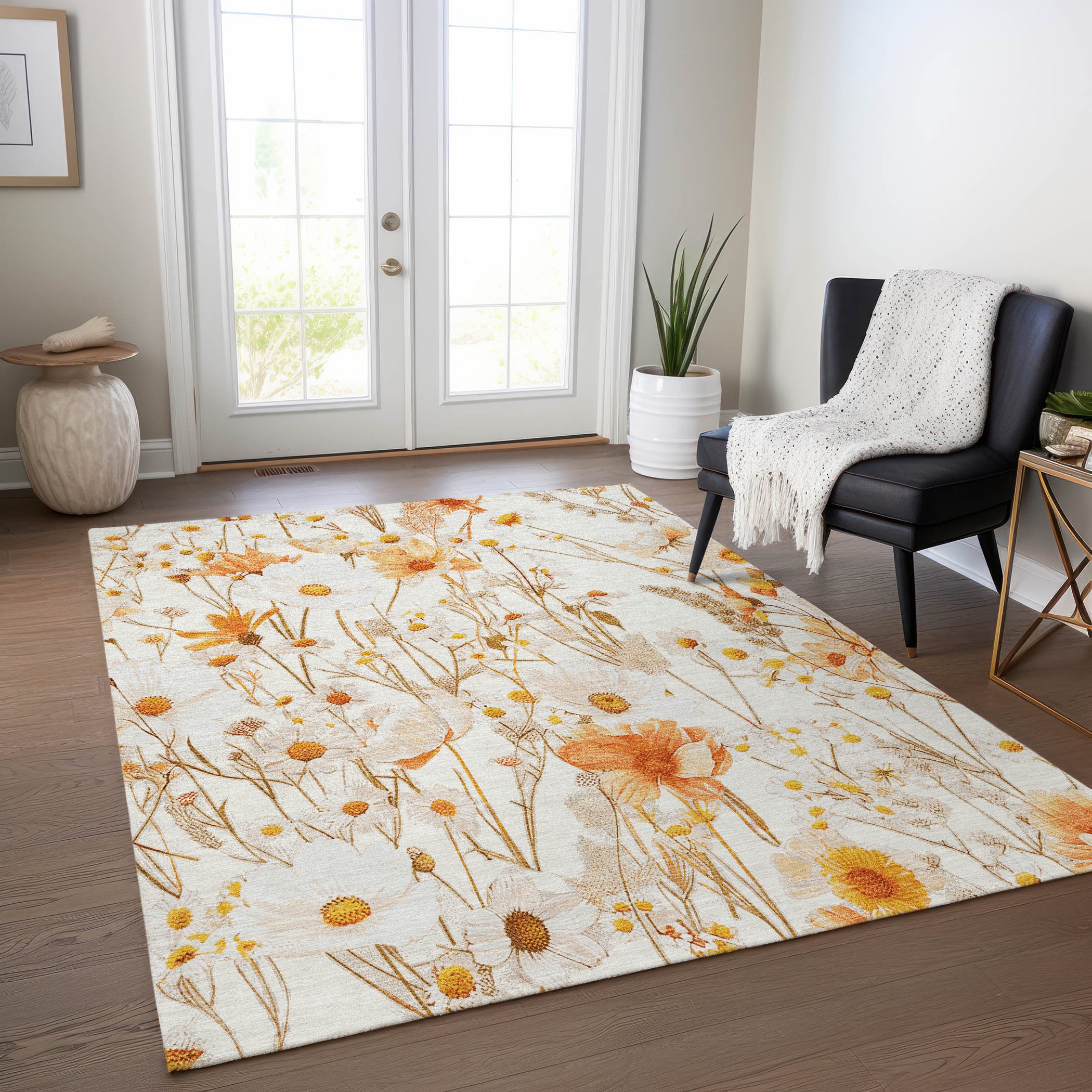 5' x 8' Ivory Beige Floral Area Rug