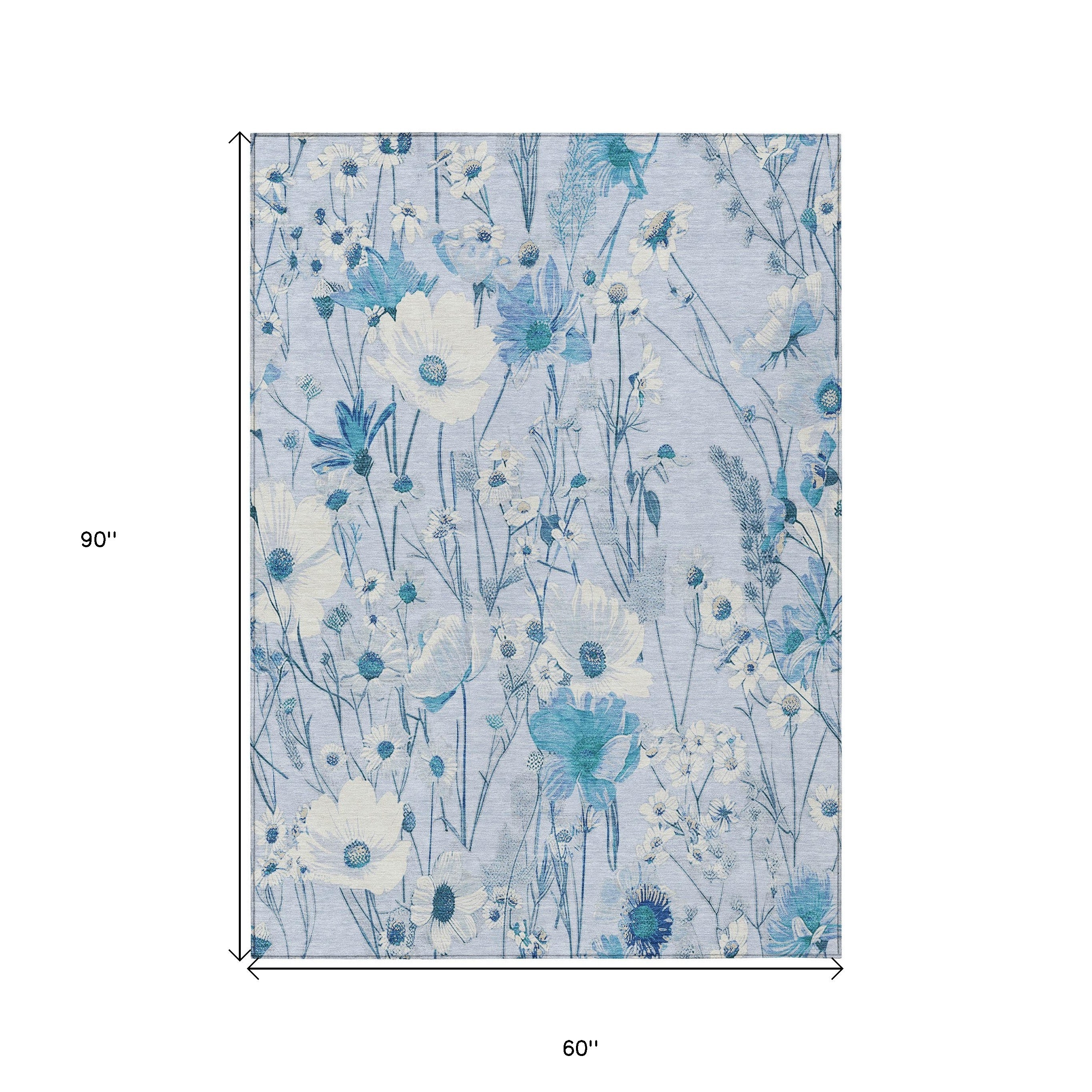 5' X 8' Sky Blue And Denim Blue Floral Washable Indoor Outdoor Area Rug-2