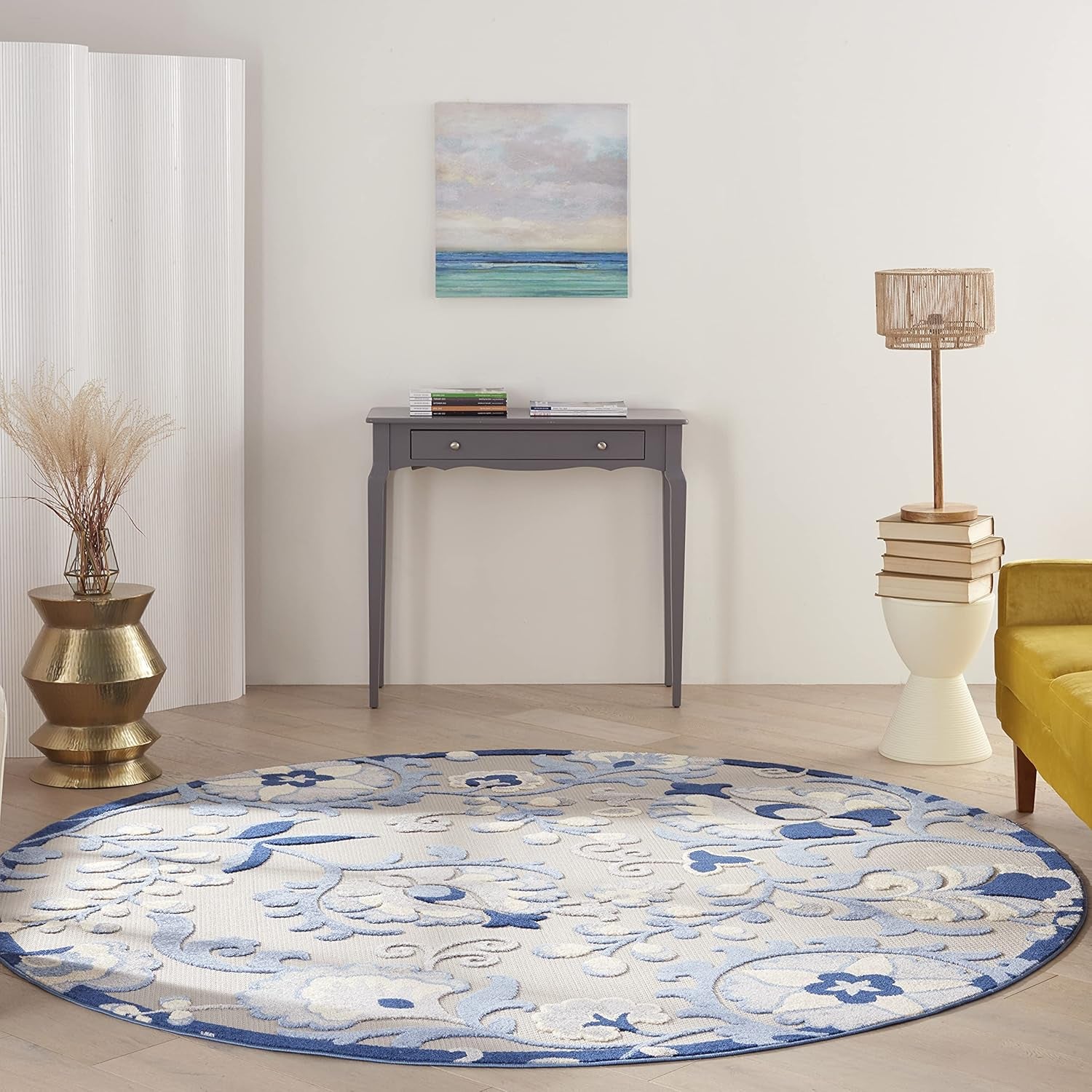 Home Aloha Indoor/Outdoor Blue/Grey 7’10” X round Area Rug, Easy Cleaning, Non Shedding, Bed Room, Living Room, Dining Room, Backyard, Deck, Patio (8 Round)