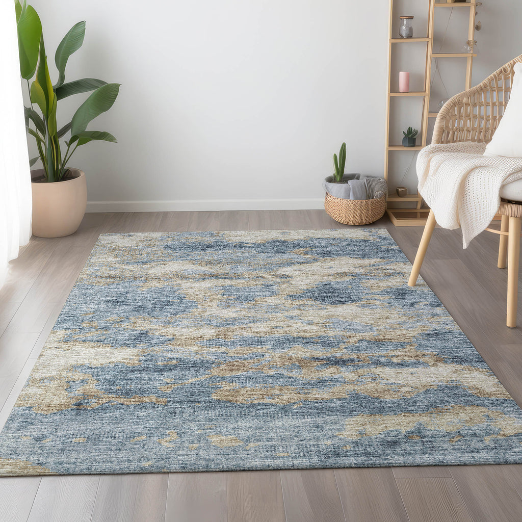5' X 8' Blue Silver And Gold Abstract Washable Area Rug With UV Protection-2