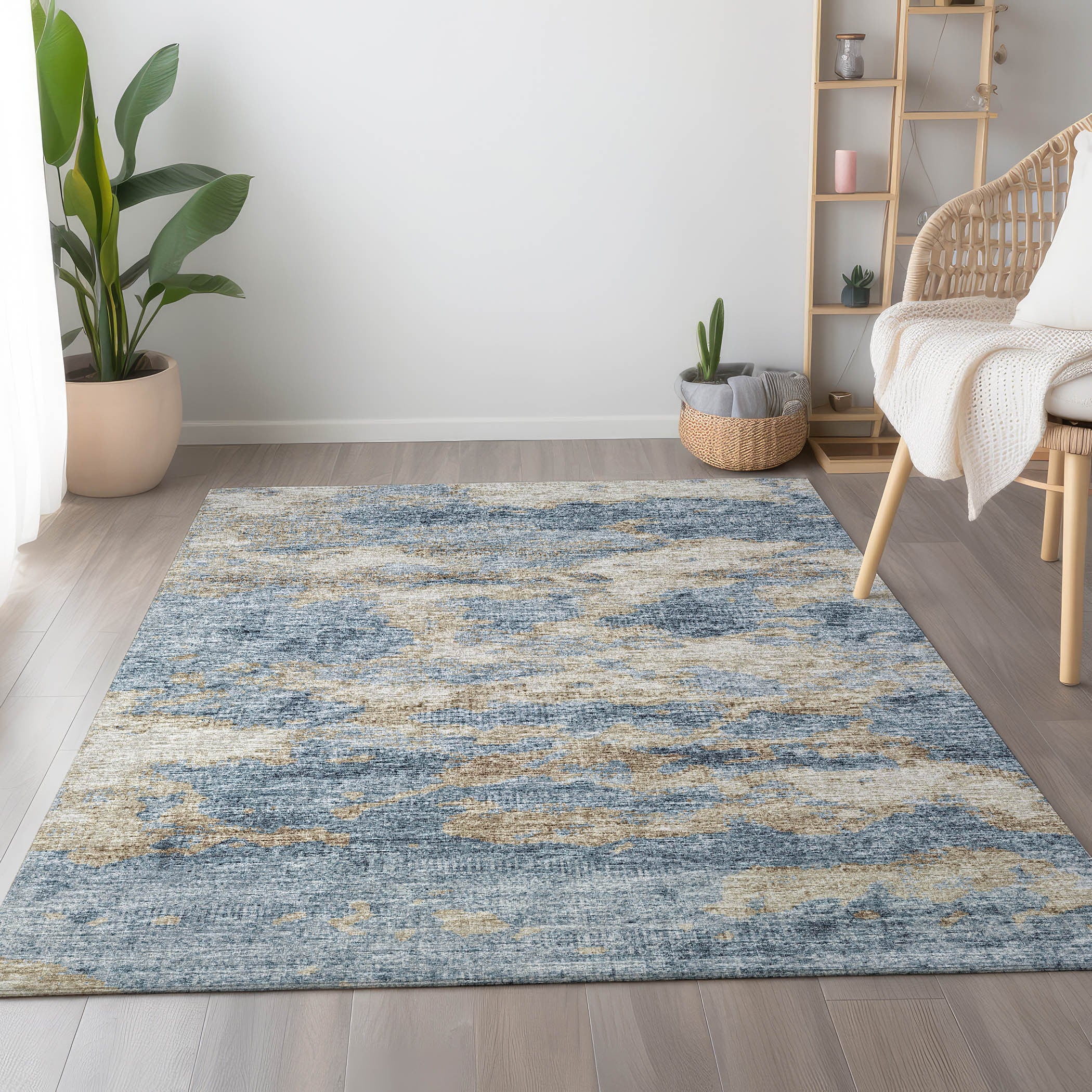 5' X 8' Blue Silver And Gold Abstract Washable Area Rug With UV Protection-2