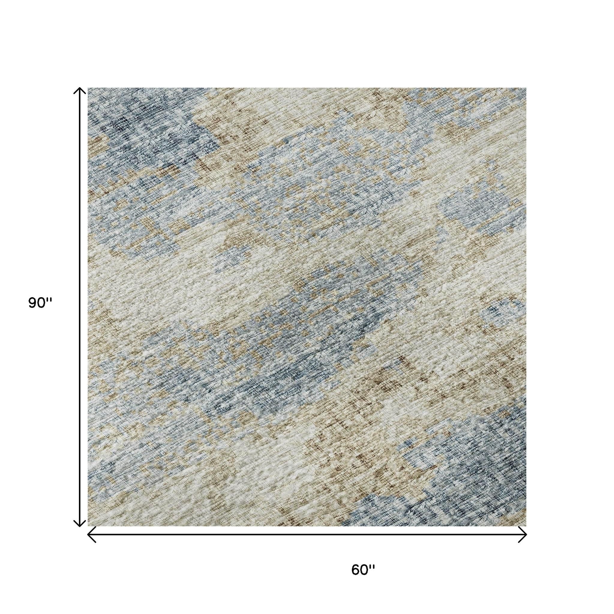 5' X 8' Blue Silver And Gold Abstract Washable Area Rug With UV Protection-8