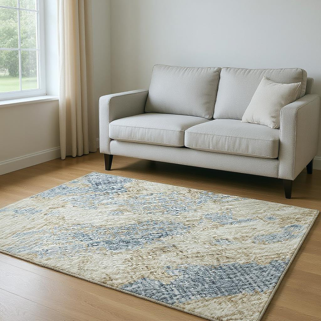 5' X 8' Blue Silver And Gold Abstract Washable Area Rug With UV Protection-1