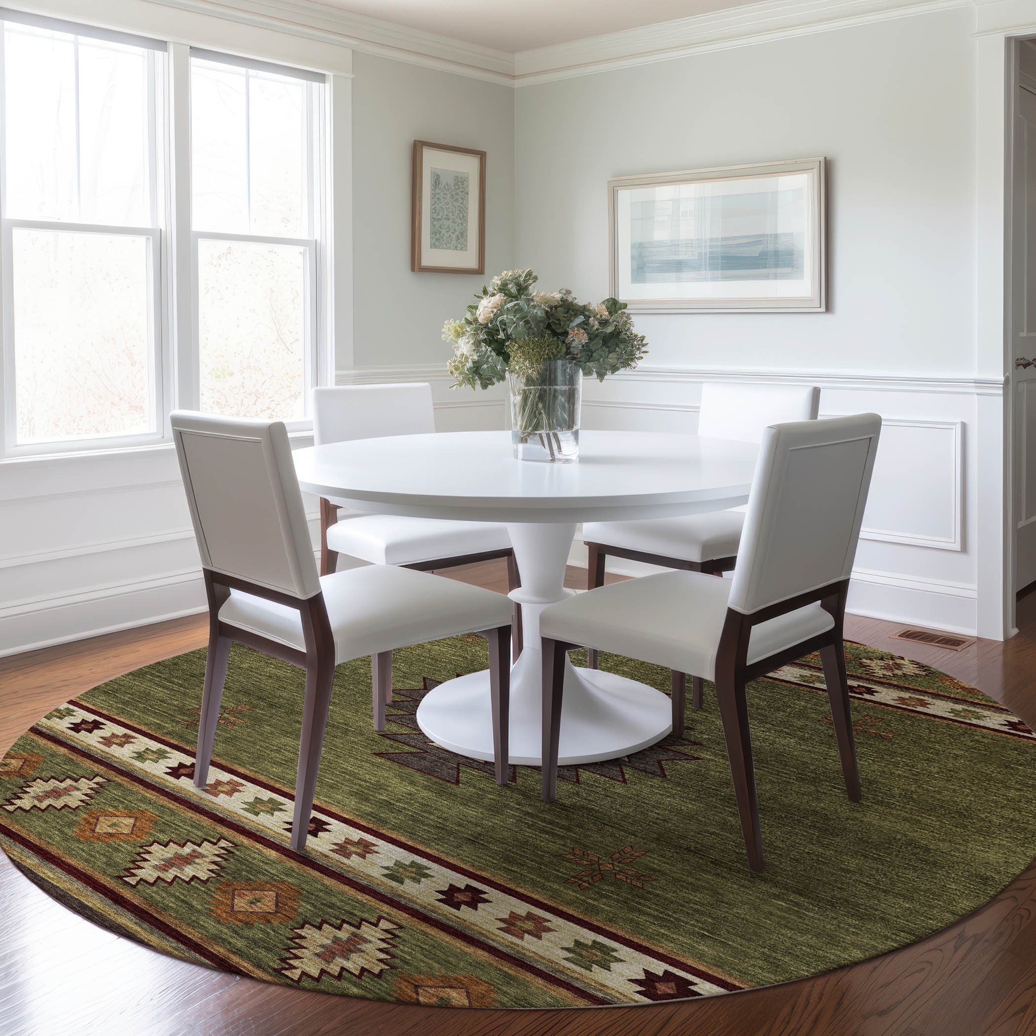 8' Green Beige And Brown Geometric Washable Round Rug With UV Protection-3