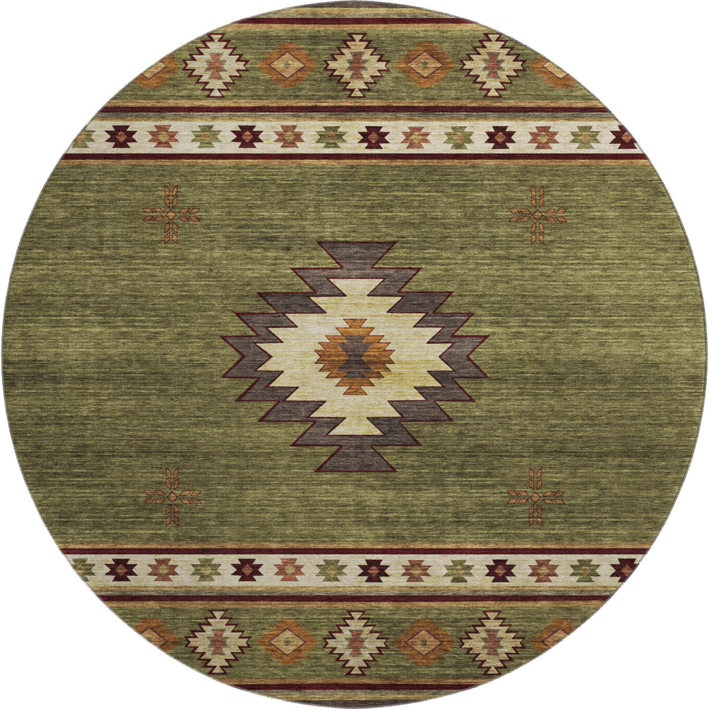 8' Green Beige And Brown Geometric Washable Round Rug With UV Protection-0