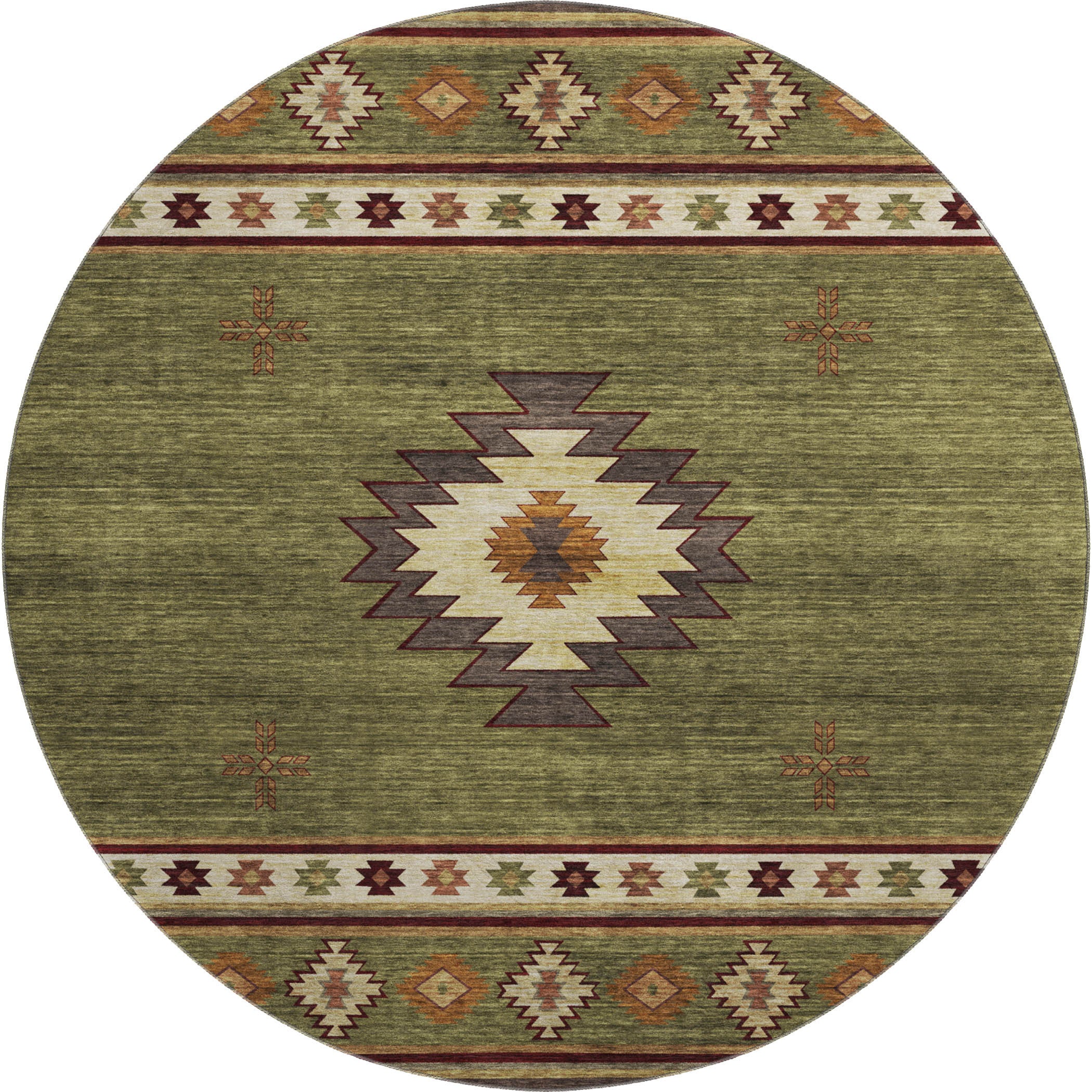 8' Green Beige And Brown Geometric Washable Round Rug With UV Protection-0