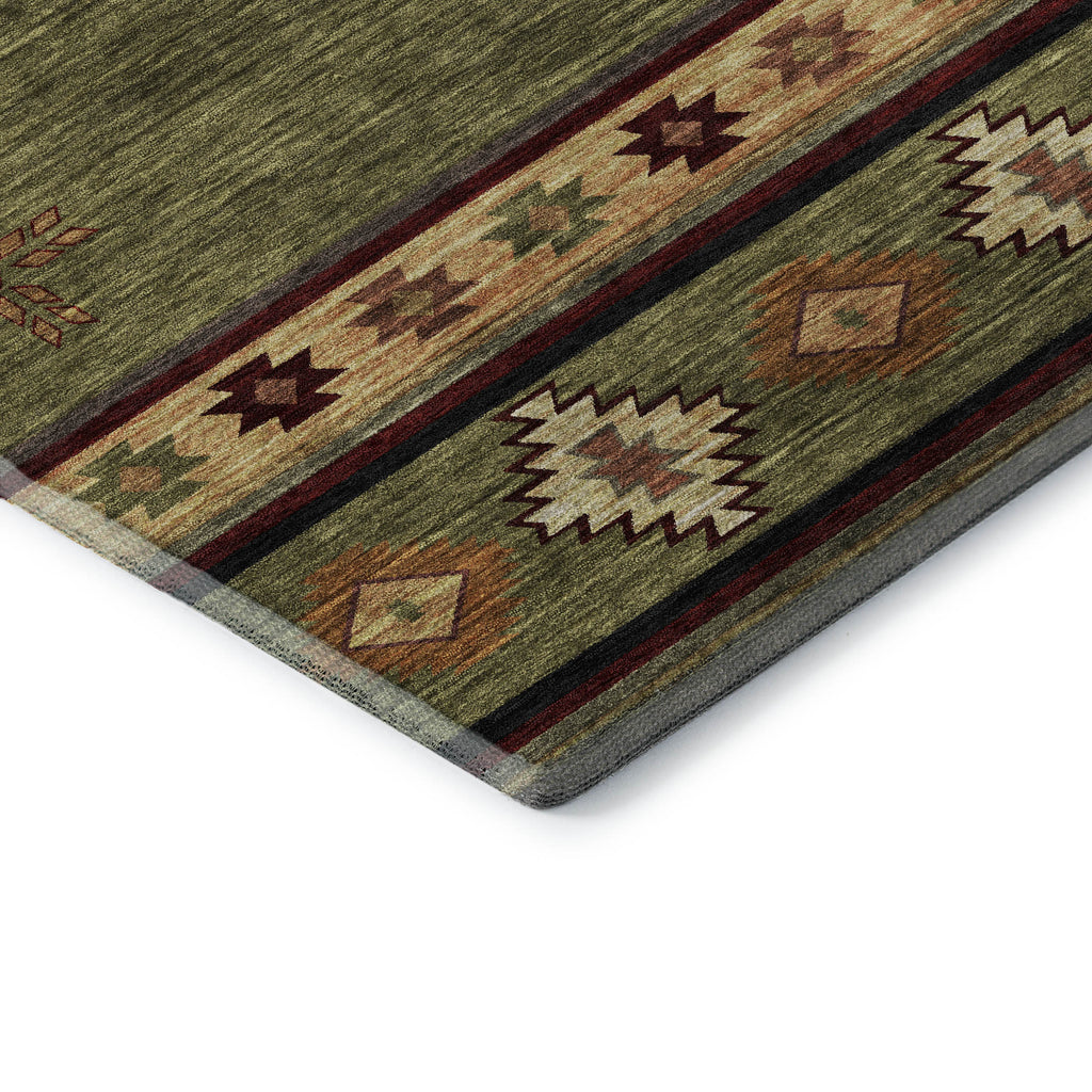 8' Green Beige And Brown Geometric Washable Round Rug With UV Protection-5