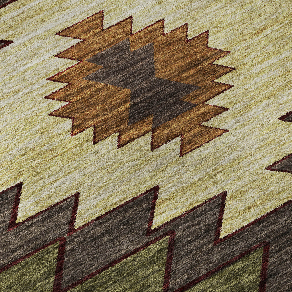 8' Green Beige And Brown Geometric Washable Round Rug With UV Protection-7
