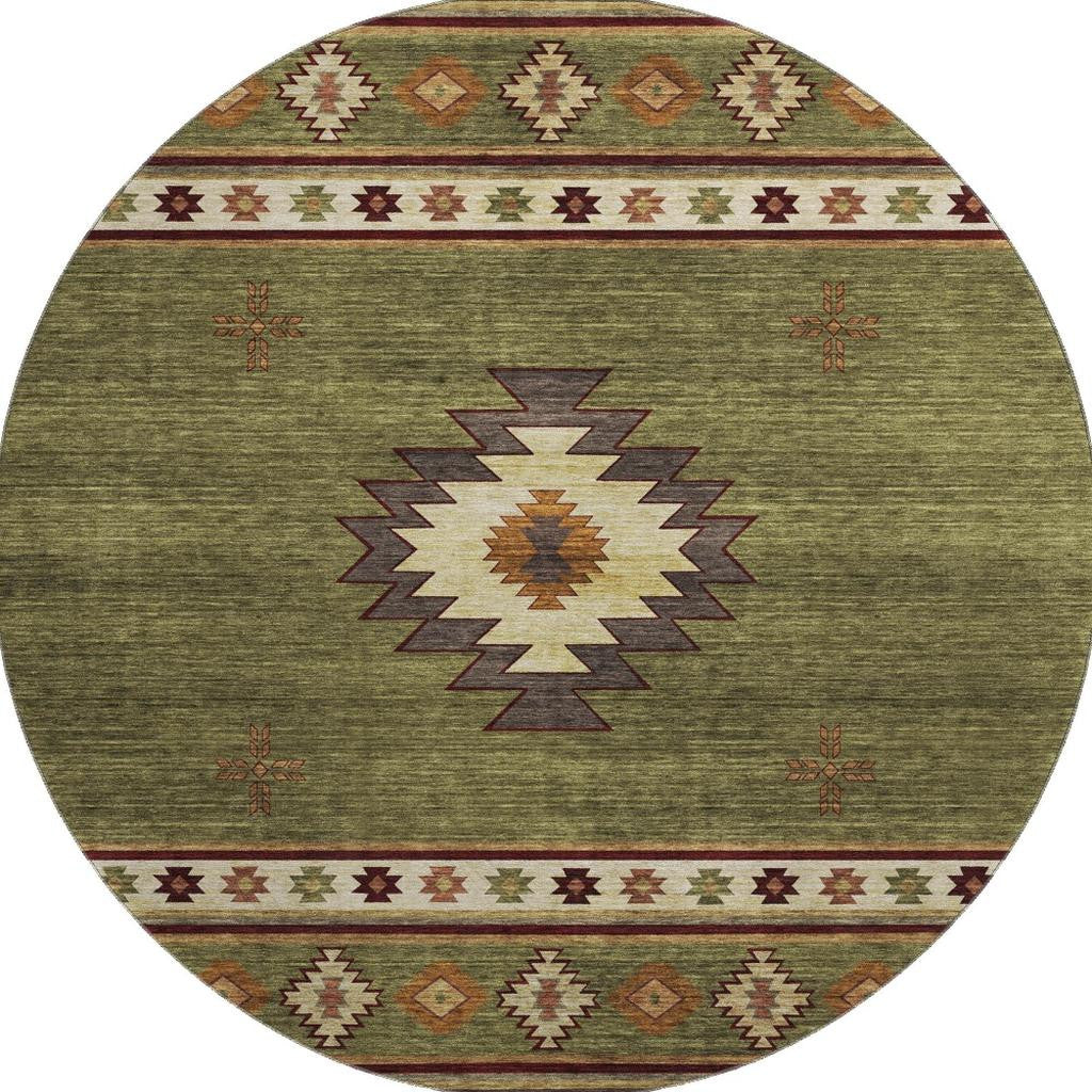 8' Green Beige And Brown Geometric Washable Round Rug With UV Protection-1