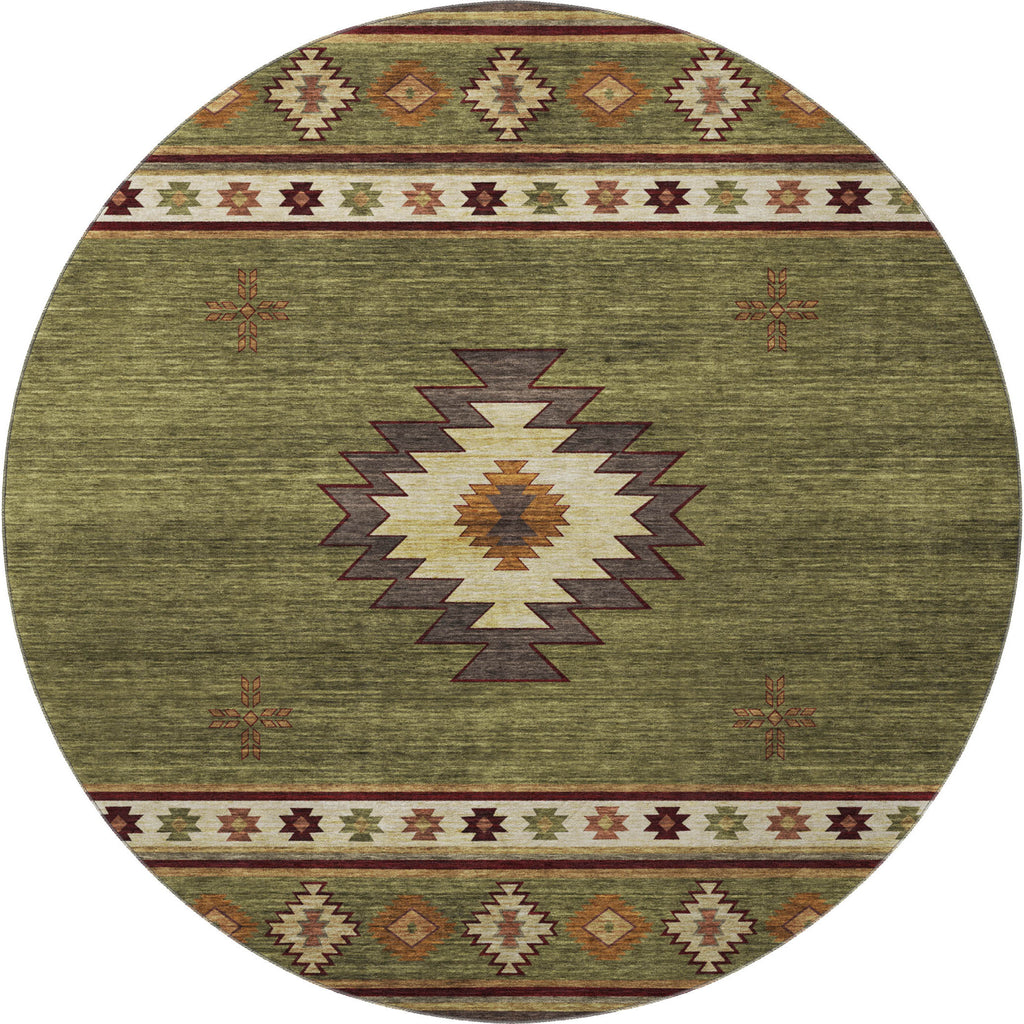 8' Green Beige And Brown Geometric Washable Round Rug With UV Protection-2