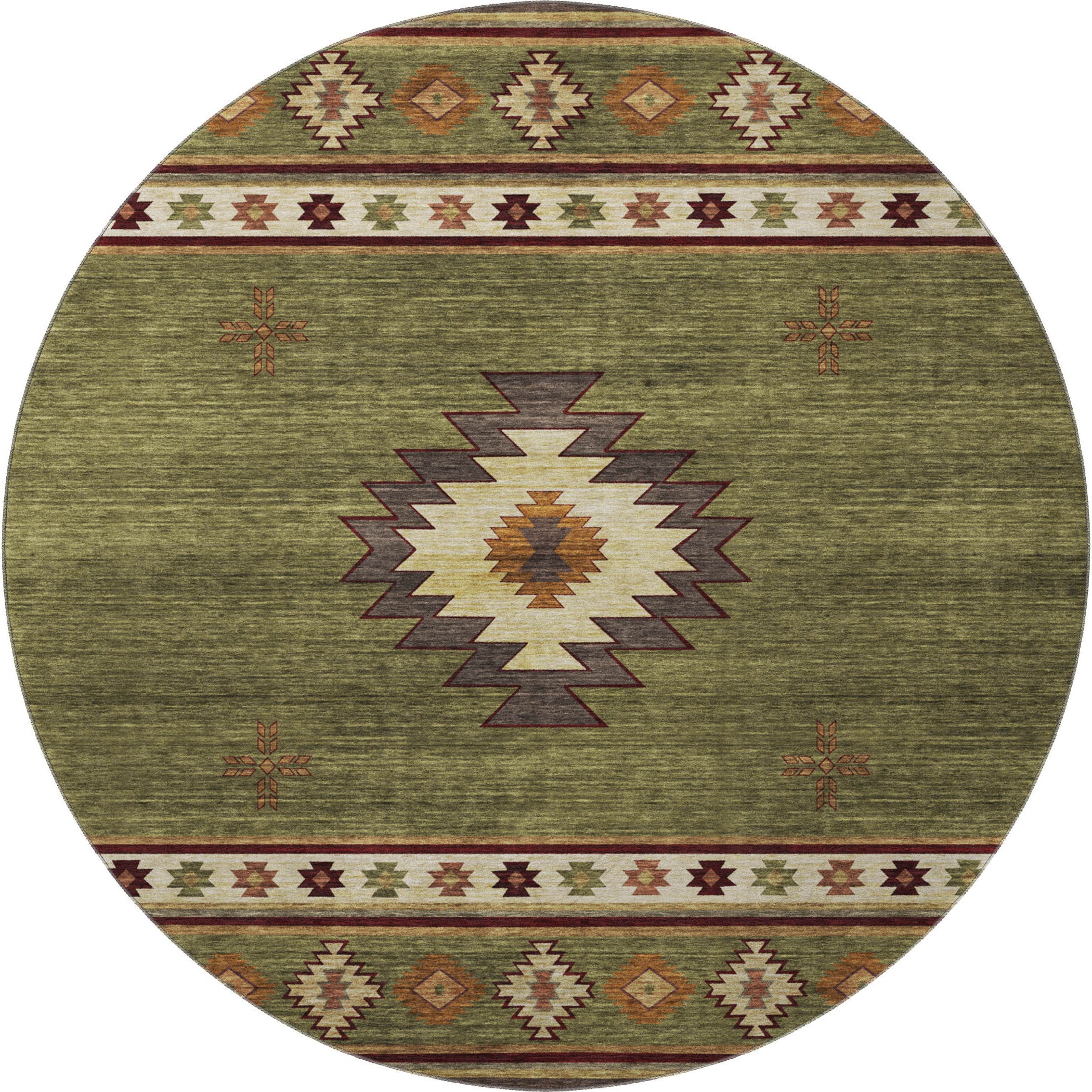 8' Green Beige And Brown Geometric Washable Round Rug With UV Protection-2