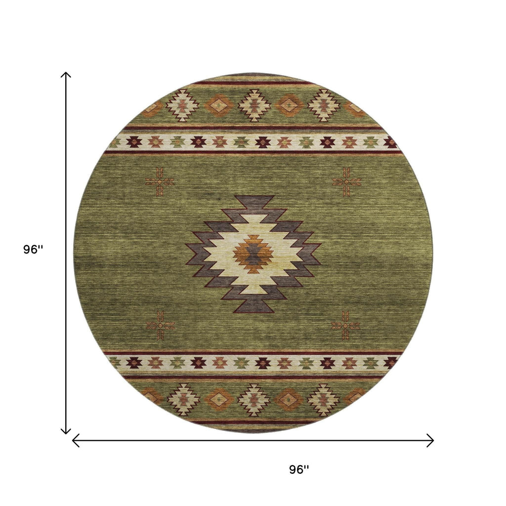 8' Green Beige And Brown Geometric Washable Round Rug With UV Protection-8