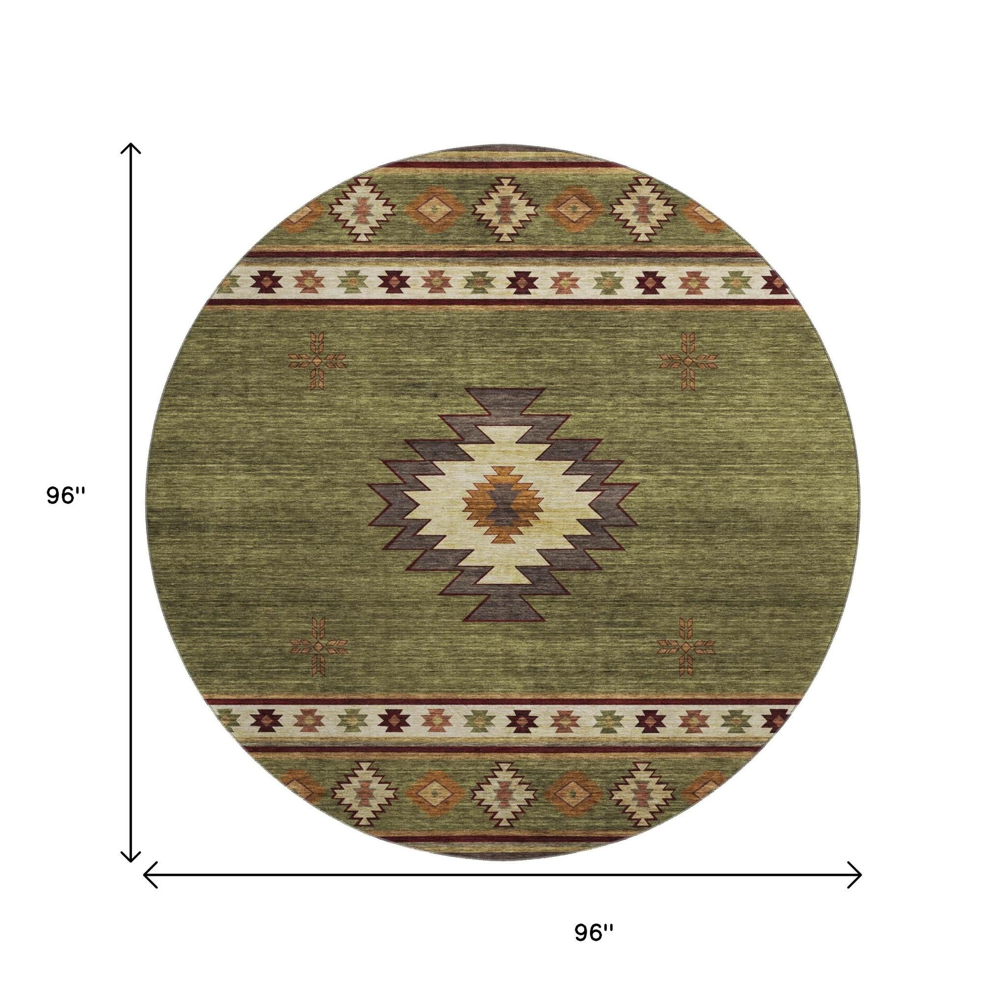 8' Green Beige And Brown Geometric Washable Round Rug With UV Protection-8