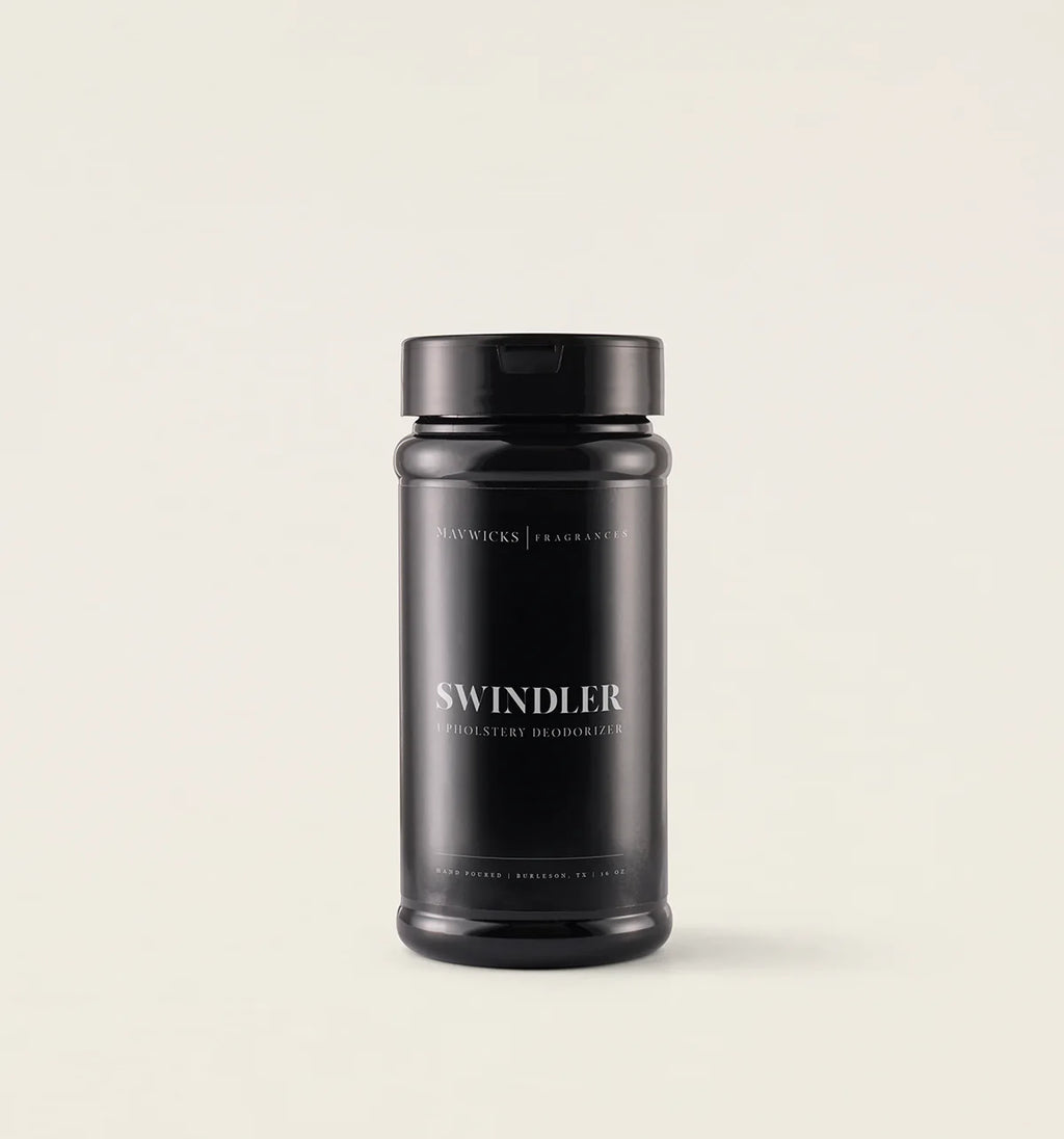 Black container labeled 'Swindler' on a beige background