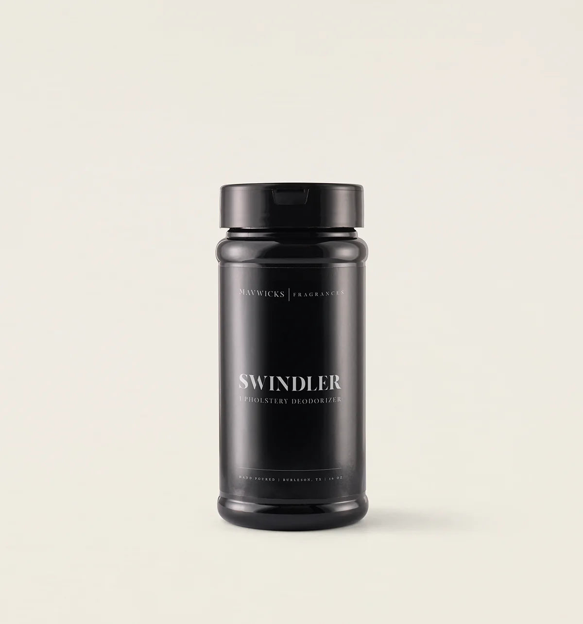 Black container labeled 'Swindler' on a beige background