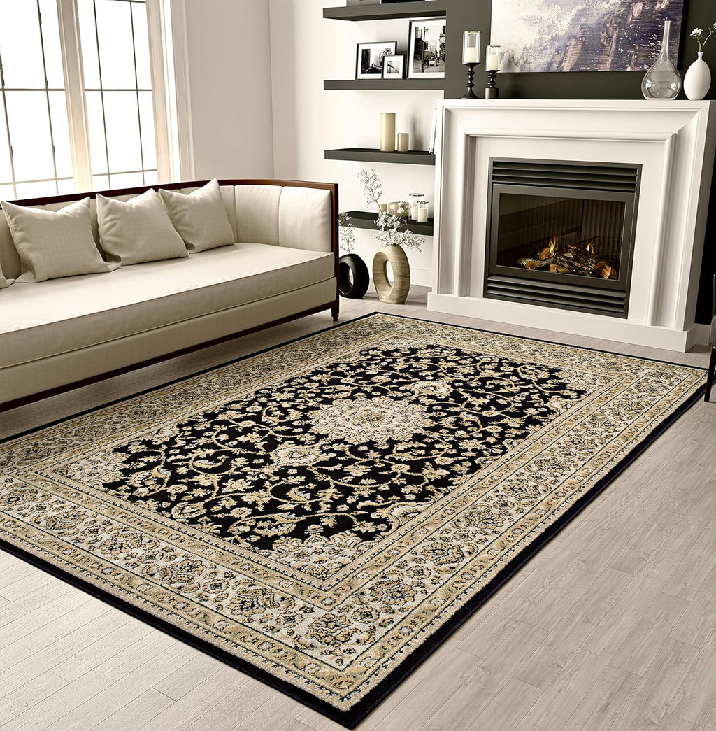 Area Rugs, Medallion Traditional Rugs for Bedroom & Living Room, Oriental Rugs, Easy-Cleaning, Washable, Stain Resistant, Eco-Friendly (Black, Large 8X11)