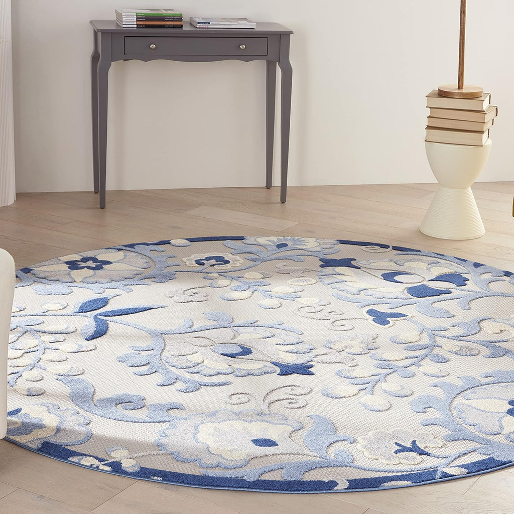 Home Aloha Indoor/Outdoor Blue/Grey 7’10” X round Area Rug, Easy Cleaning, Non Shedding, Bed Room, Living Room, Dining Room, Backyard, Deck, Patio (8 Round)