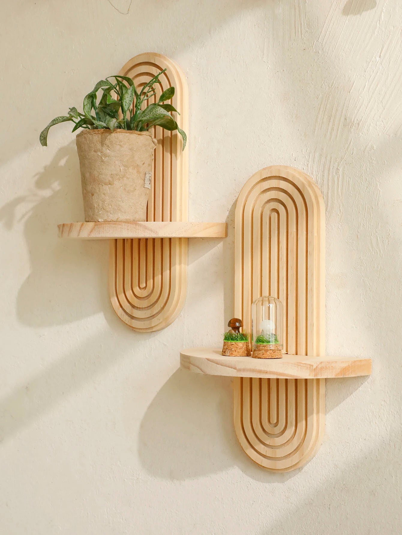 Boho Style Wooden Wall Shelves - Geometric Wall Mounted Shelves, Natural Wood Finish